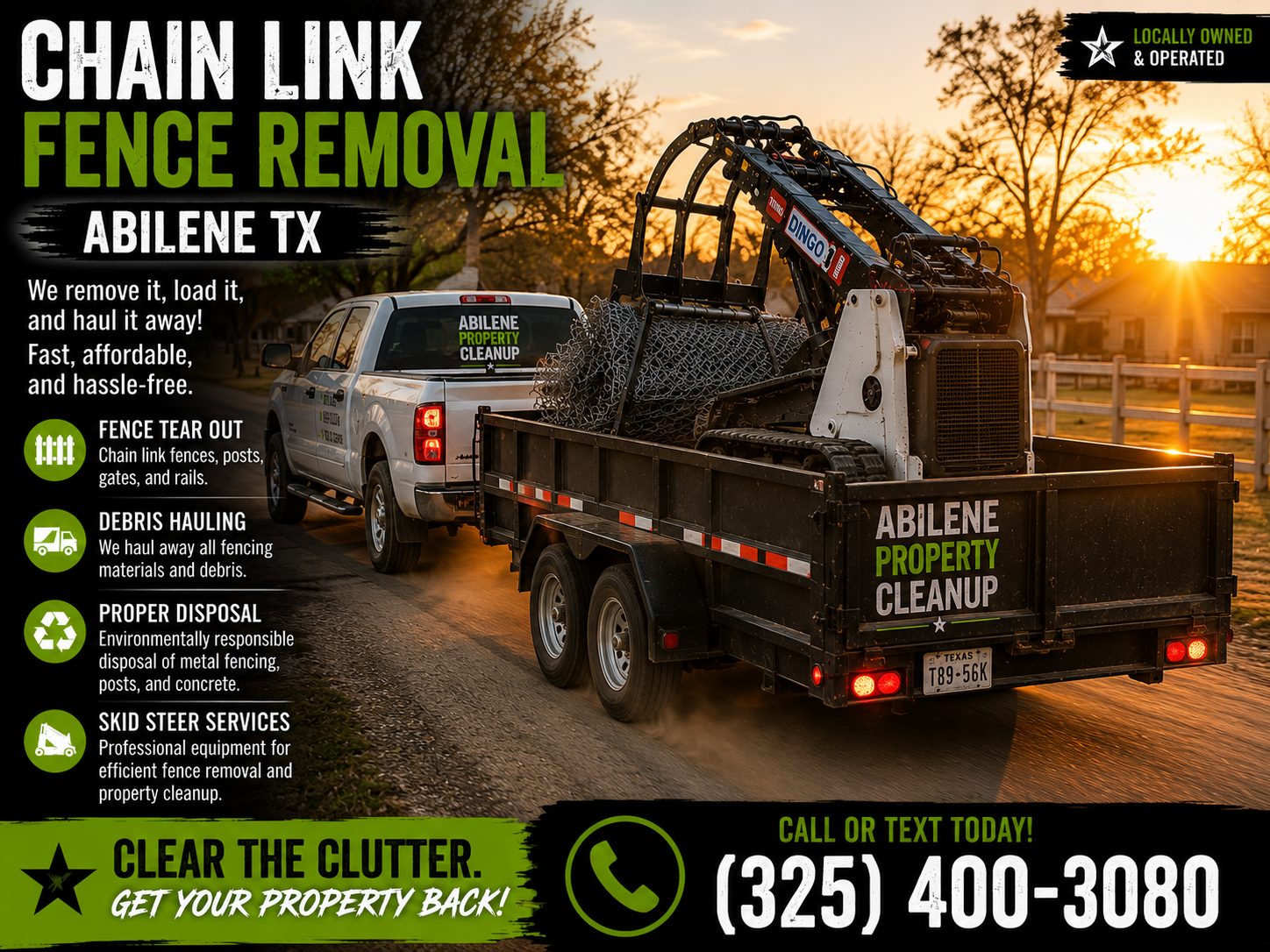 Utility trailer hauling removed chain link fencing in Abilene Texas