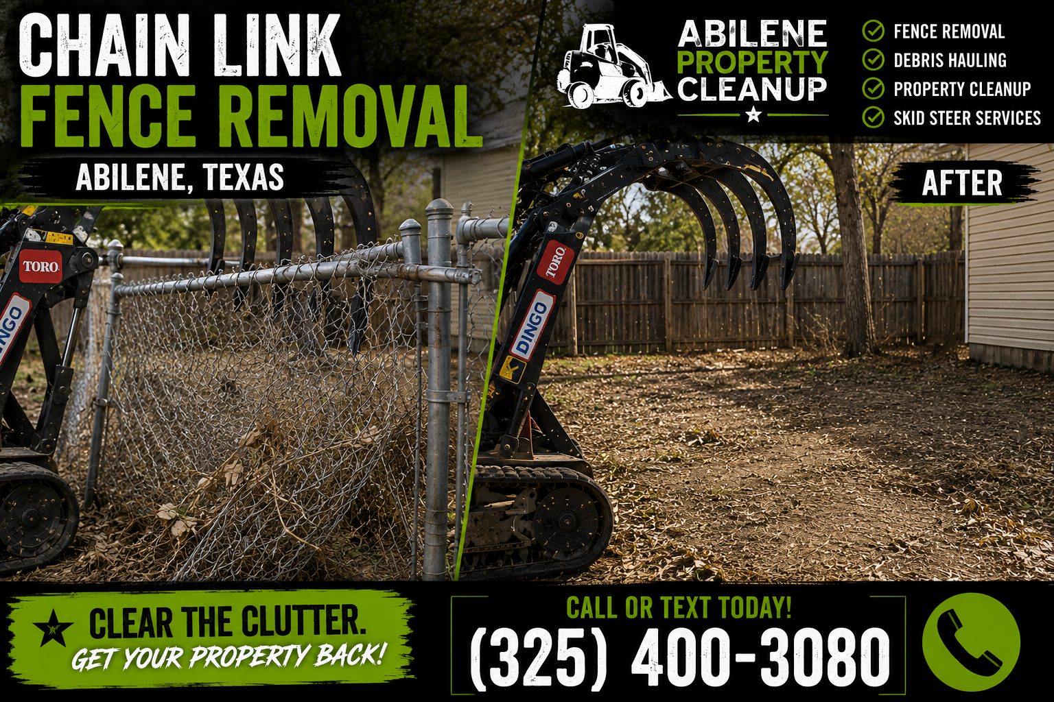 Before and after chain link fence removal at an Abilene TX property