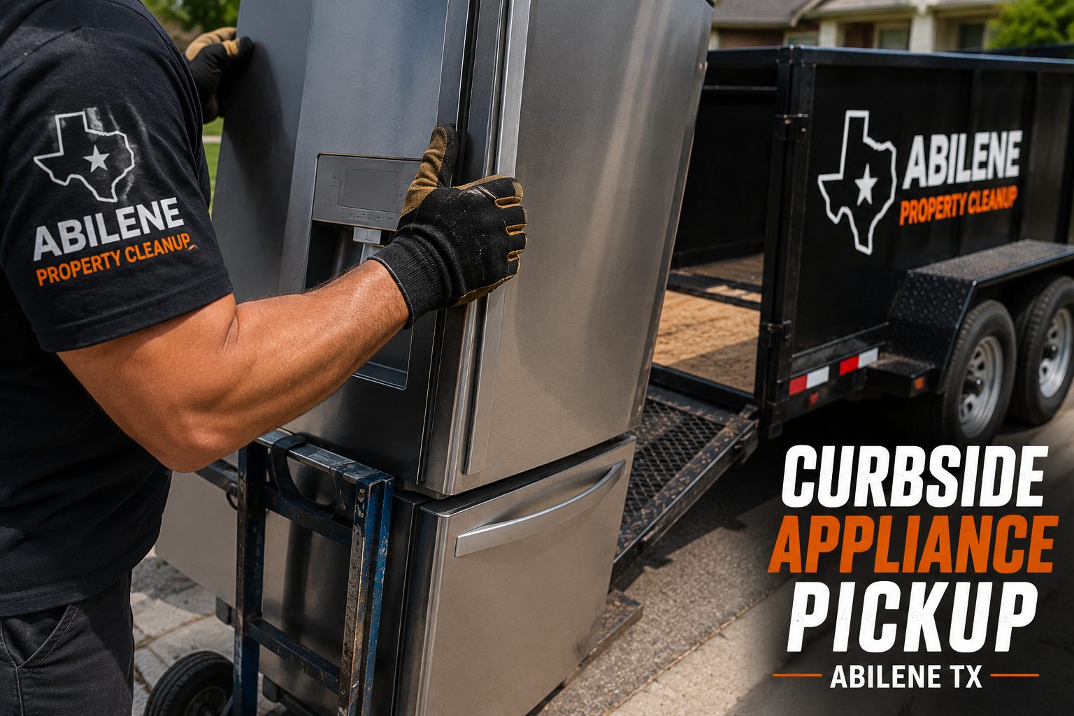 Close-up of a worker moving a refrigerator for curbside appliance pickup in Abilene TX