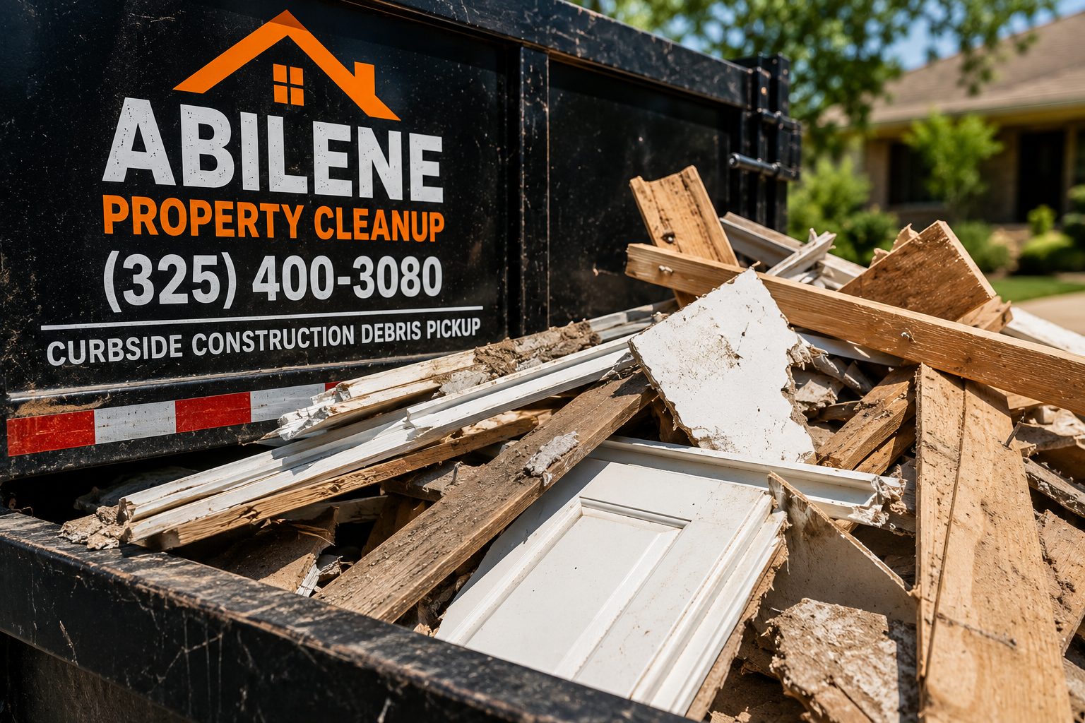 Close-up of curbside construction debris pickup in Abilene TX with lumber, cabinets, trim, and remodeling debris