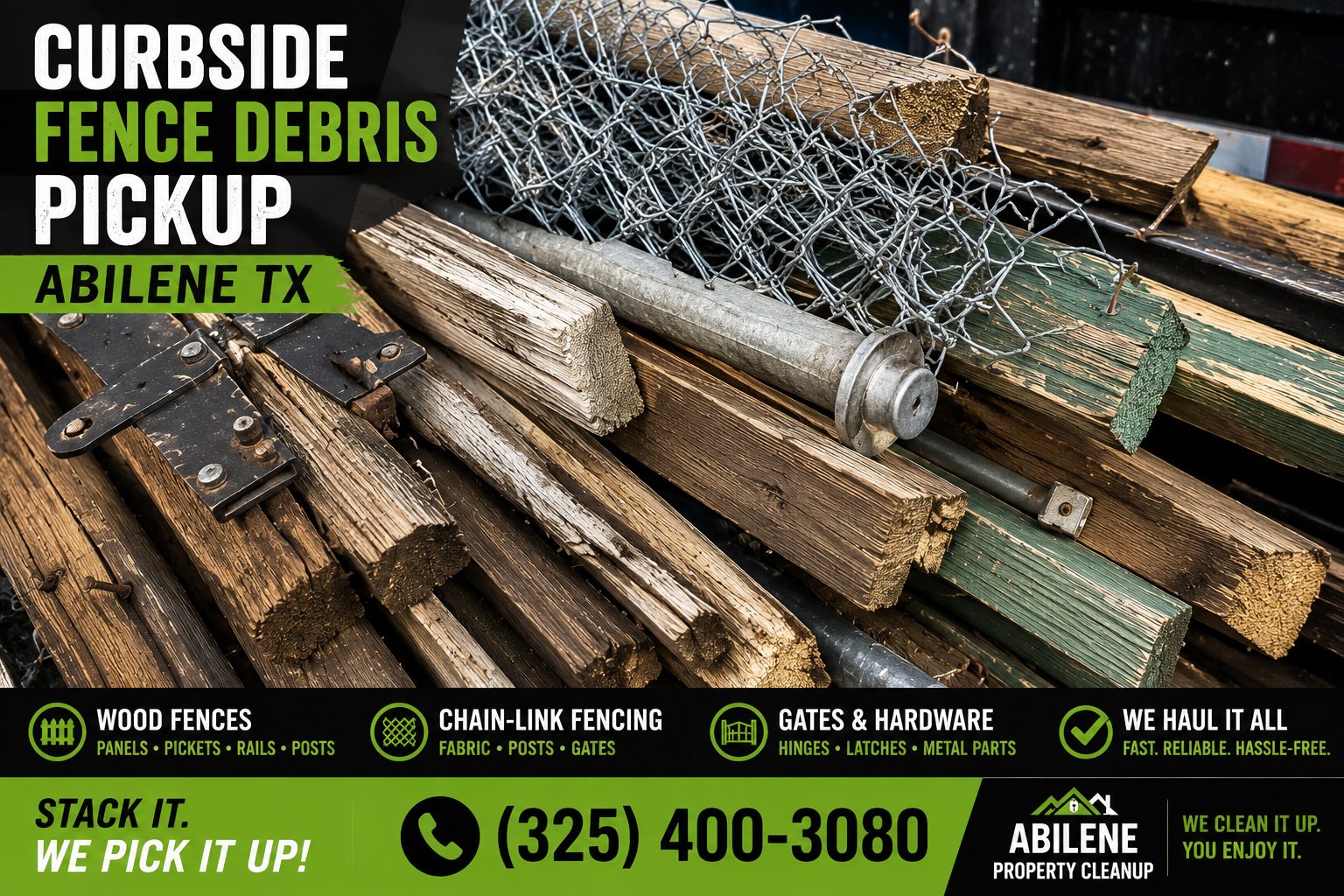 Close-up of wood fence boards, chain-link fencing, metal posts, gates, and hardware prepared for curbside fence debris pickup in Abilene TX