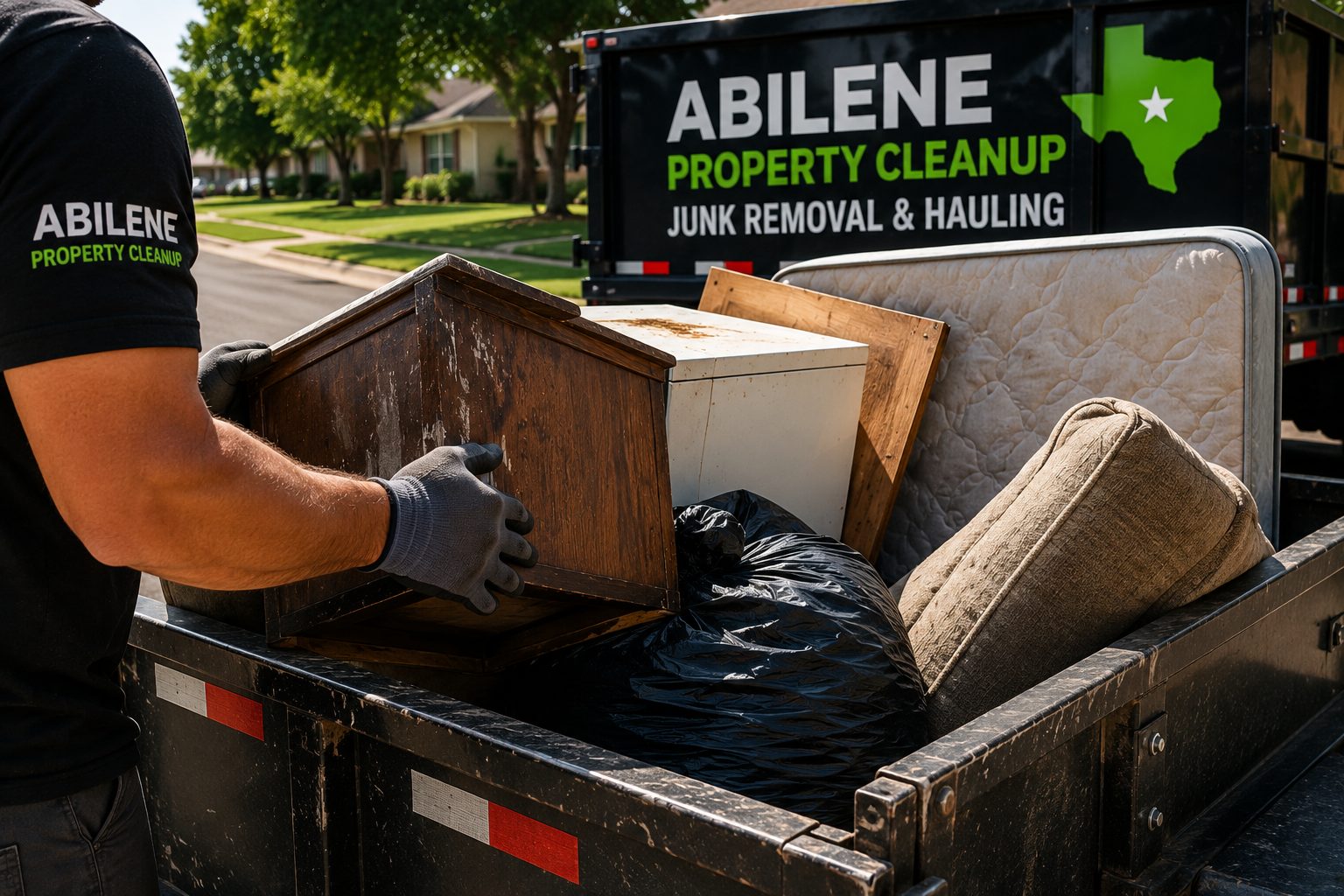 Close-up curbside junk pickup in Abilene TX with a worker loading furniture, a mattress, and bagged junk into a utility trailer