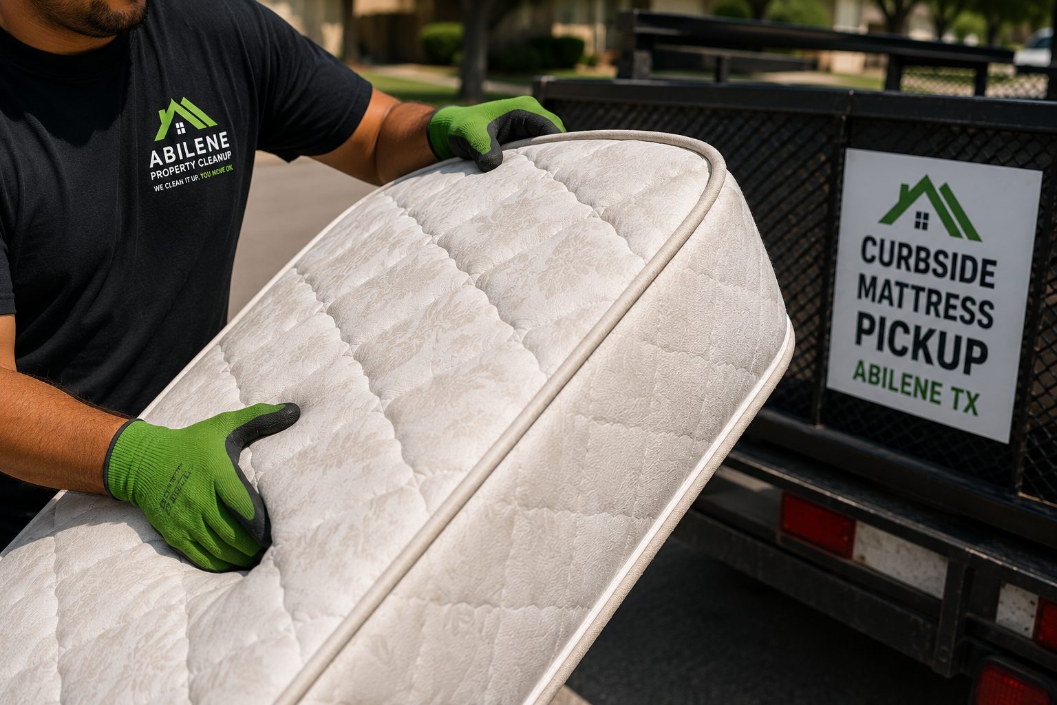Close-up of a worker loading a mattress for curbside mattress pickup in Abilene TX