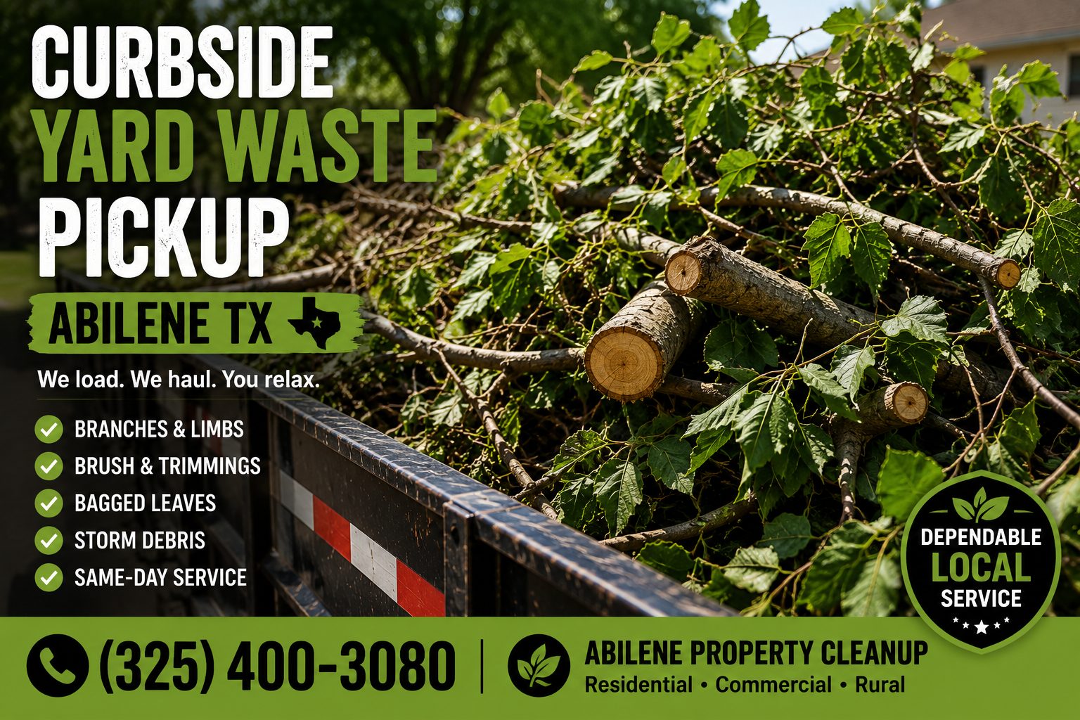 Close-up of branches and limbs loaded for curbside yard waste pickup in Abilene TX