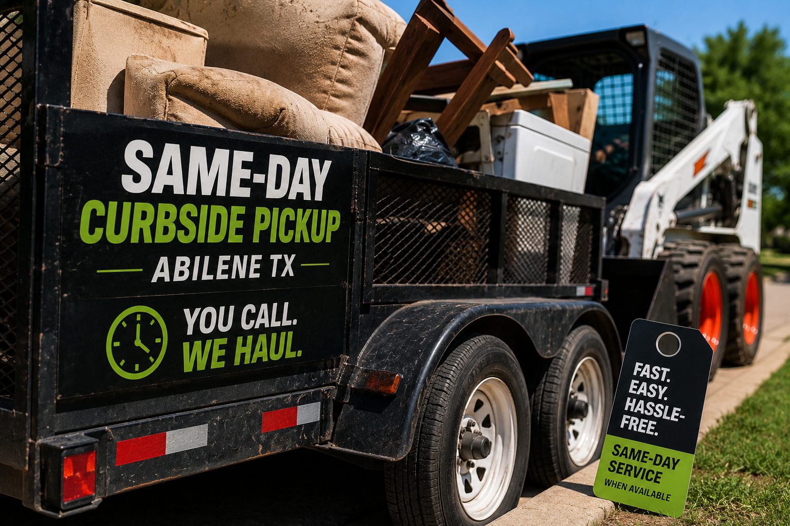 Close-up image of a loaded utility trailer for same-day curbside pickup in Abilene TX with furniture, an appliance, and bulky junk ready for hauling