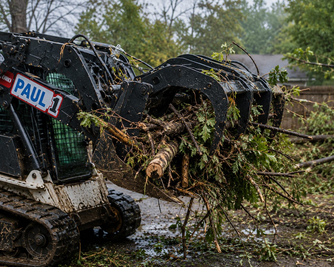 Grapple attachment carrying tree branches and debris during cleanup in Abilene TX.