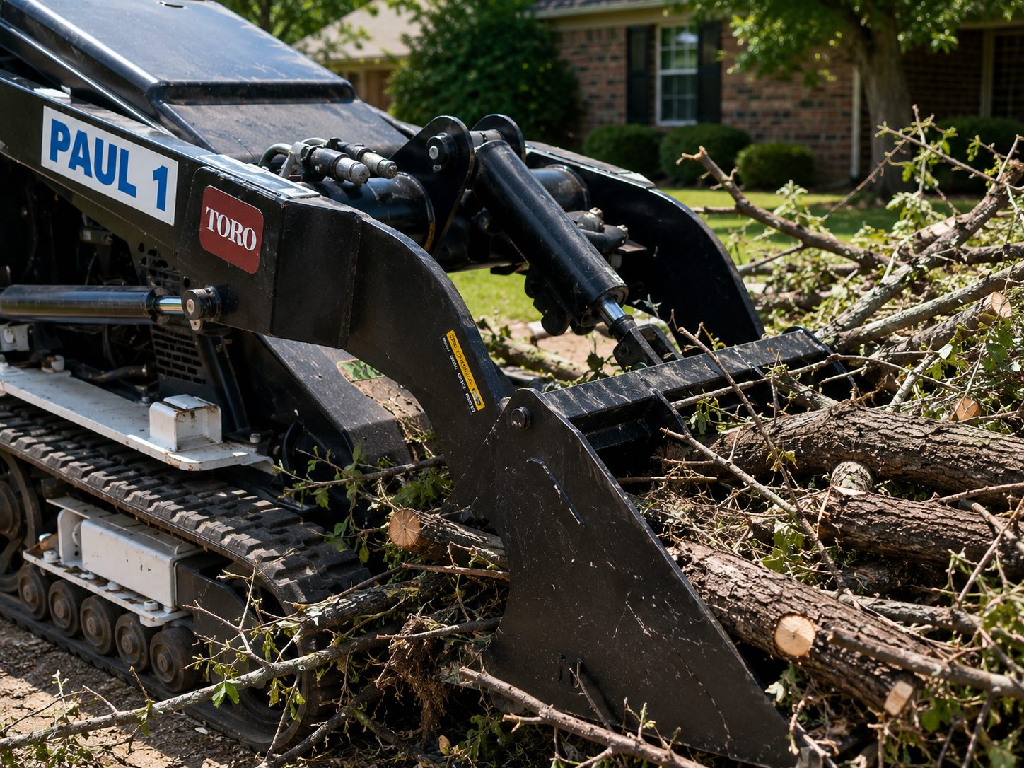 Close-up of Toro Dingo mini skid steer loading heavy tree limbs and branches in Abilene TX.