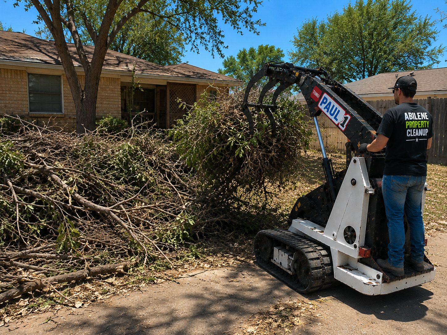 Commercial brush clearing project removing overgrown vegetation and brush from a business property in Abilene TX.