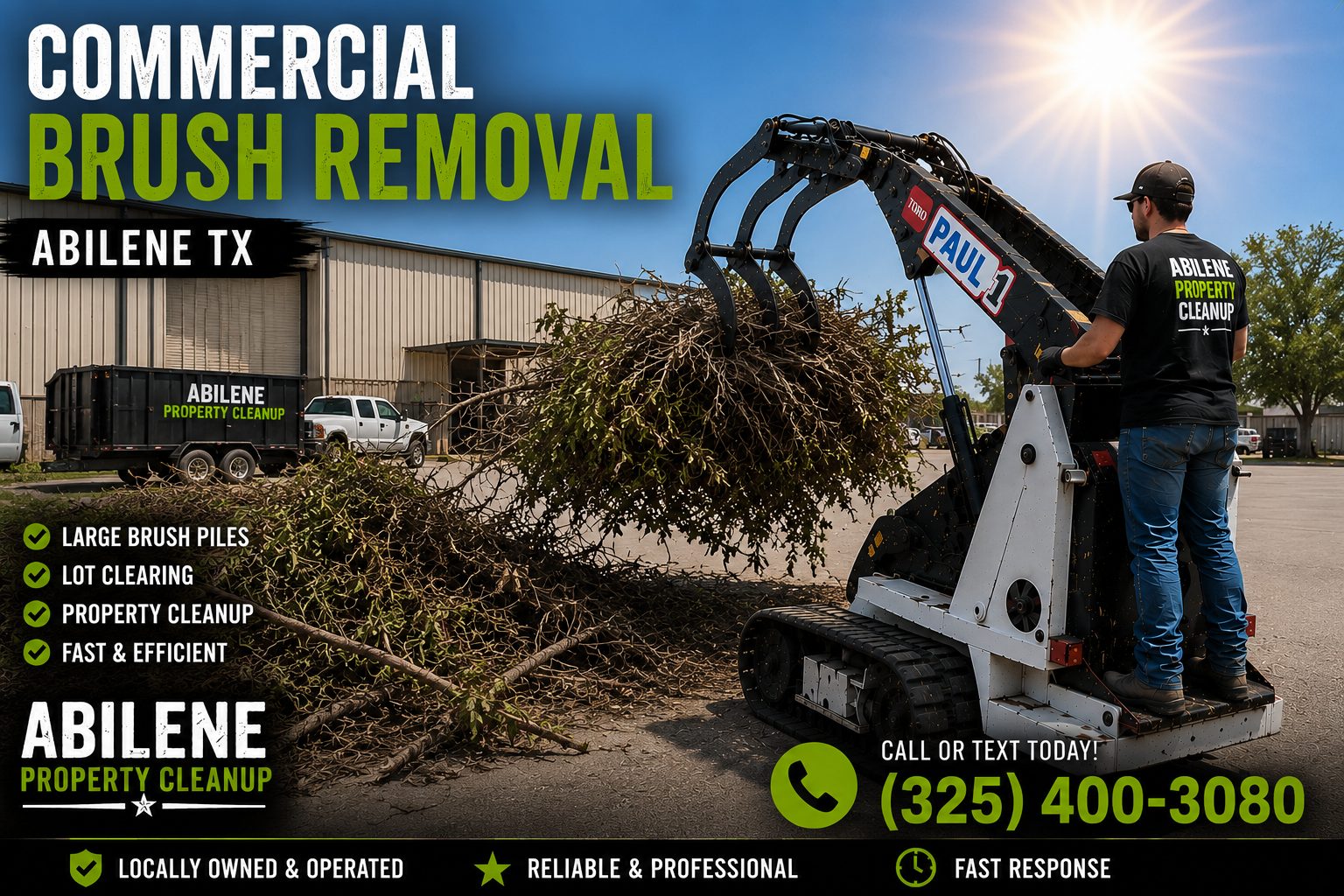 Commercial brush removal service in Abilene TX using a Toro Dingo mini skid steer to load and remove brush piles from a commercial property.