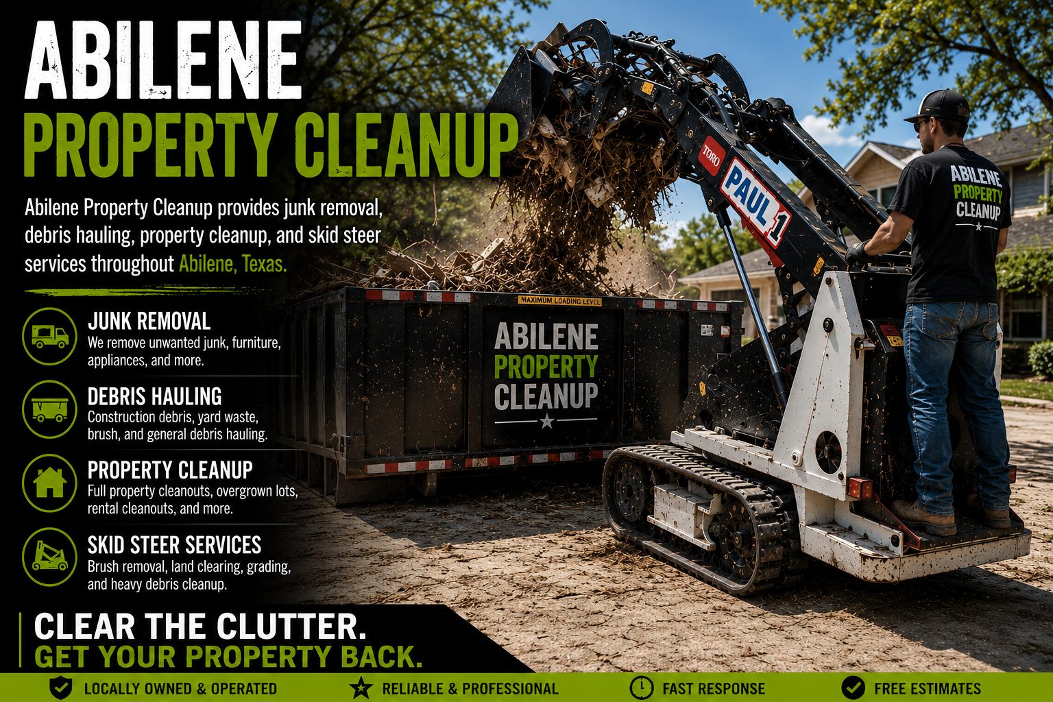 Commercial property brush cleanup removing brush piles, limbs, and debris from a commercial site in Abilene TX.