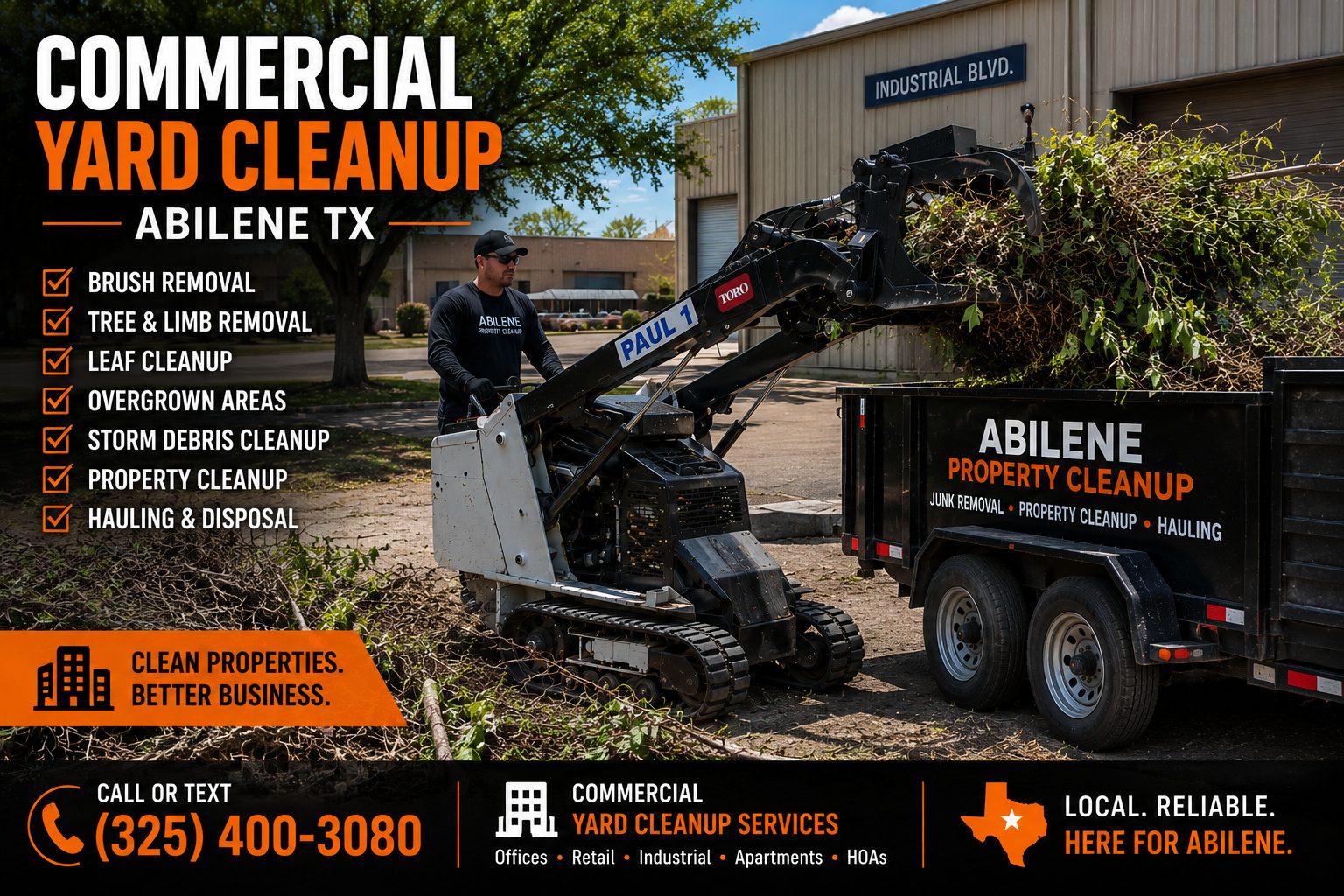 Commercial yard cleanup using a Toro Dingo mini skid steer with bucket grapple loading brush and debris at a business property in Abilene TX.