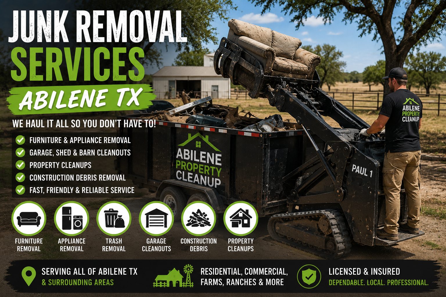 Country property junk removal using a mini skid steer in Abilene TX