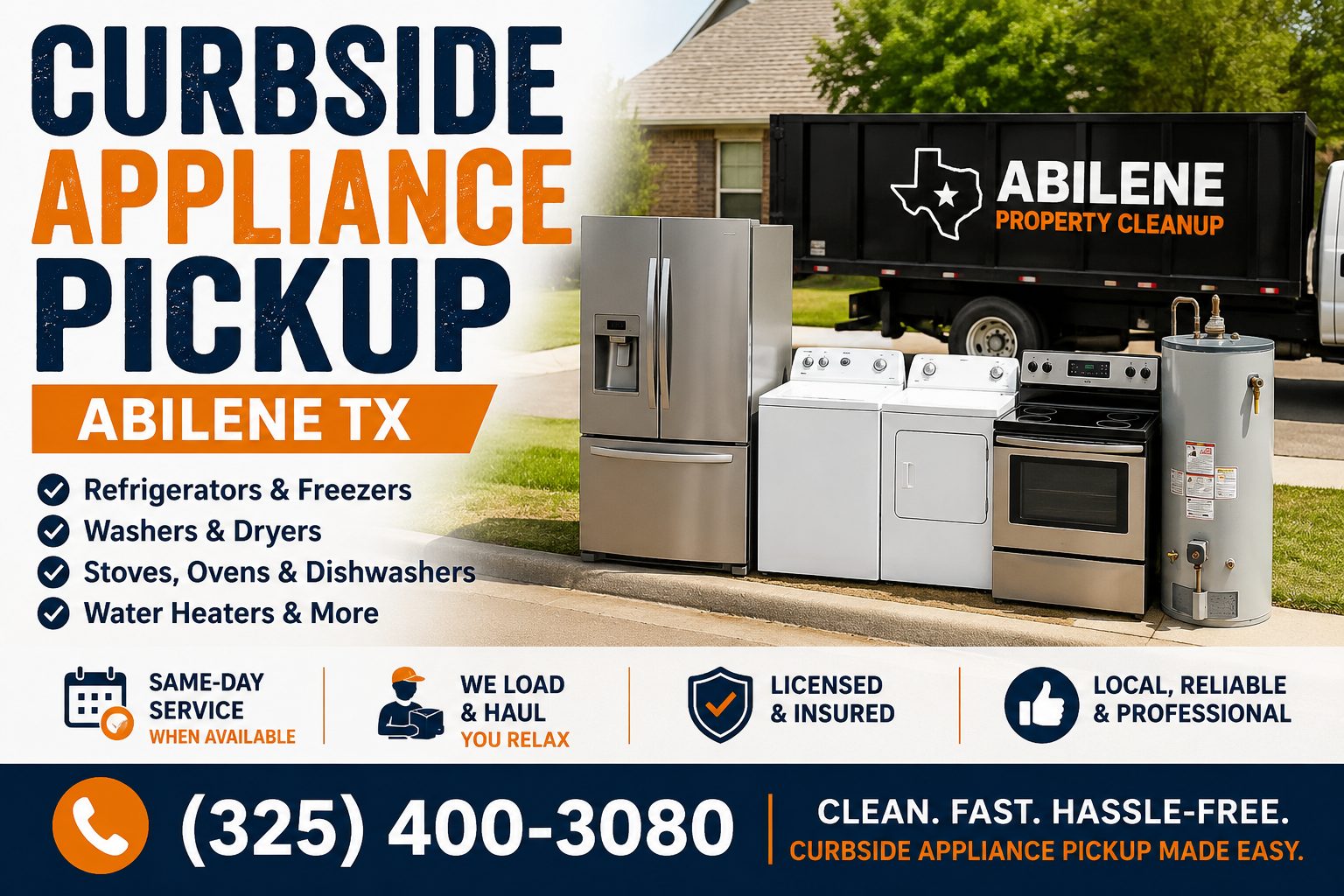 Curbside appliance pickup in Abilene TX for refrigerators, washers, dryers, stoves, water heaters, and other household appliances