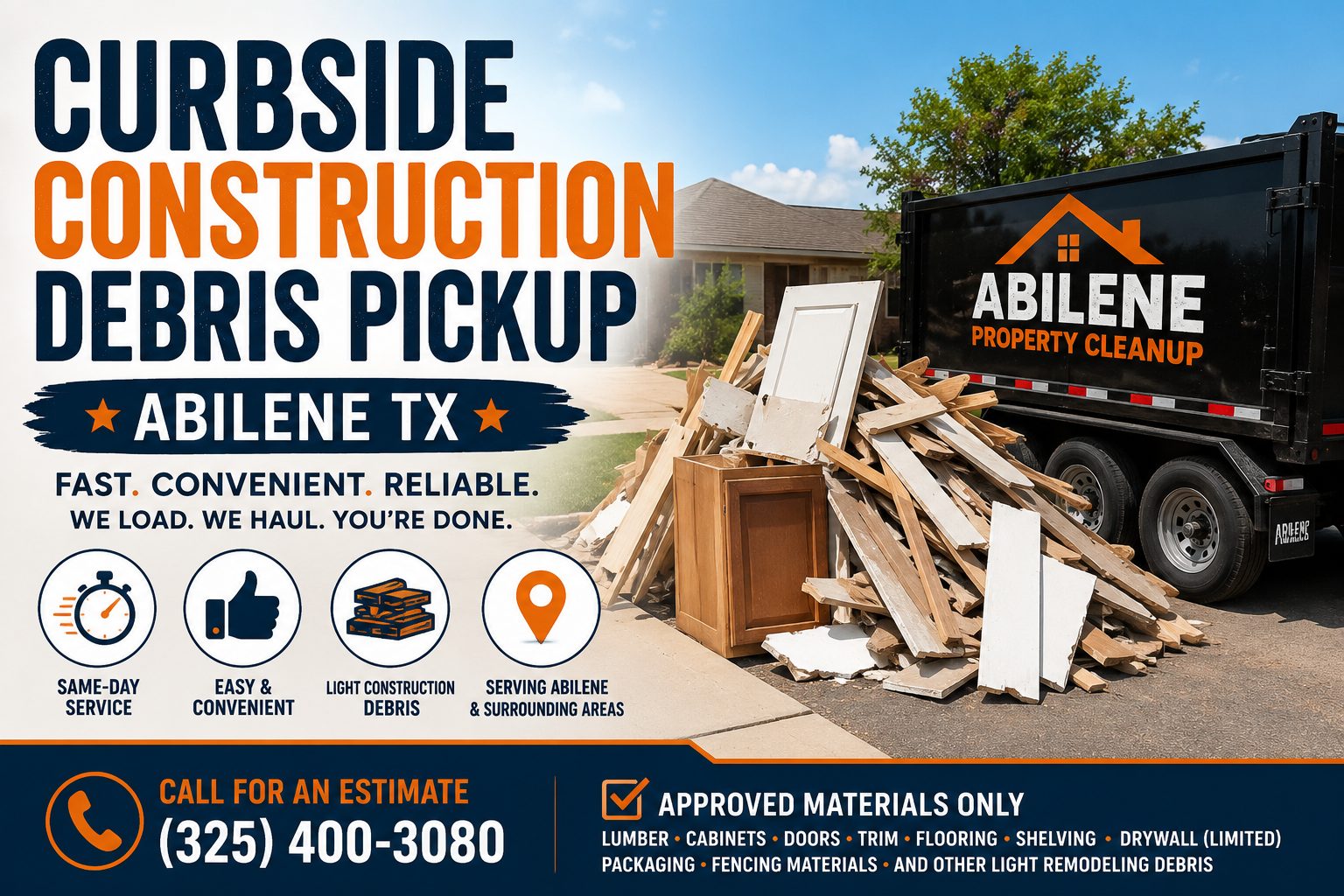 Curbside construction debris pickup in Abilene TX with scrap lumber, cabinets, doors, trim, flooring, and other approved remodeling debris ready for hauling