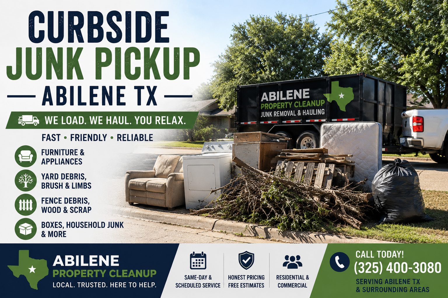 Curbside junk pickup in Abilene TX with furniture, appliances, mattress, brush, fence debris, boxes, and household junk ready for hauling