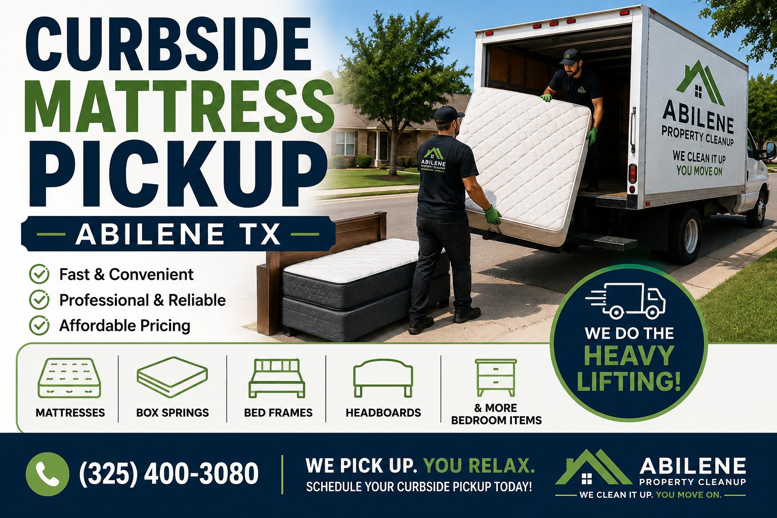 Curbside mattress pickup in Abilene TX with mattresses, box springs, and bed frames loaded for hauling by Abilene Property Cleanup