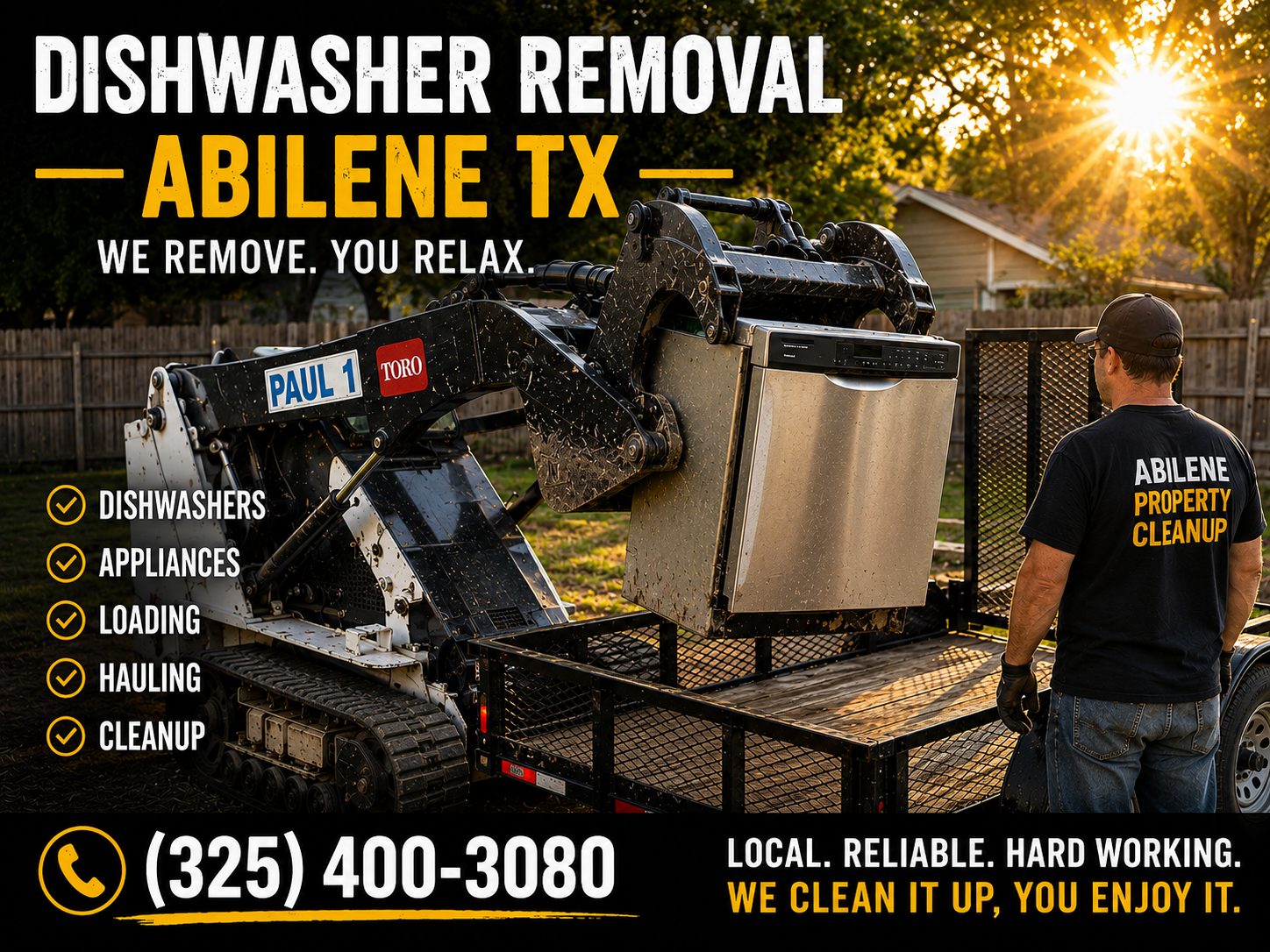 Dishwasher removal in Abilene TX with a utility trailer loaded with an old dishwasher ready for hauling by Abilene Property Cleanup.
