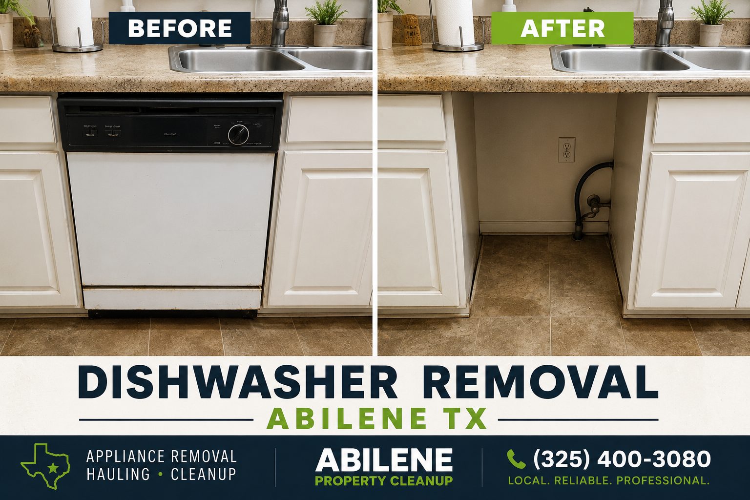 Before and after dishwasher removal showing a clean kitchen after old appliance pickup in Abilene TX.