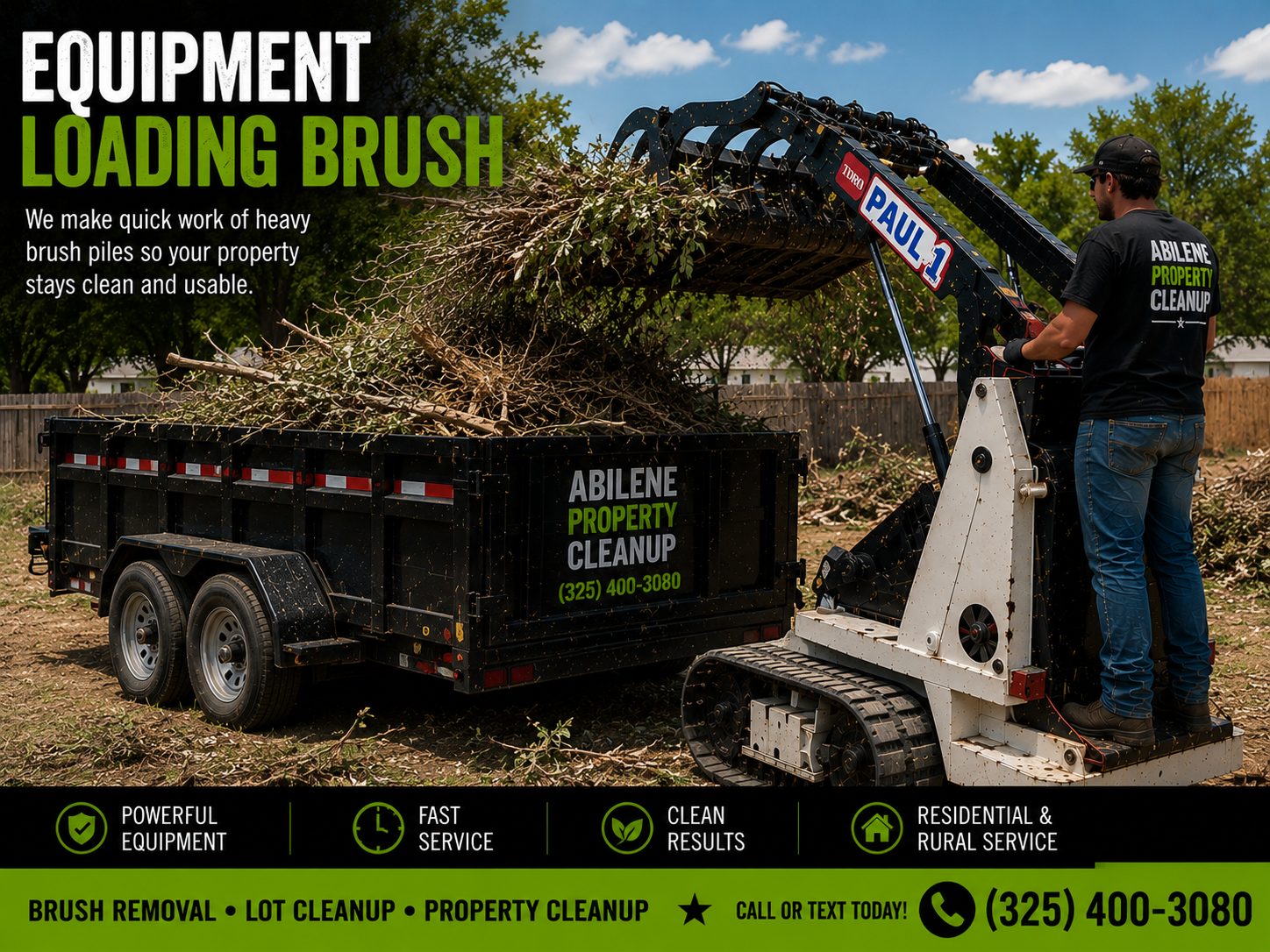 Mini skid steer loading brush and branches into trailer in Abilene TX