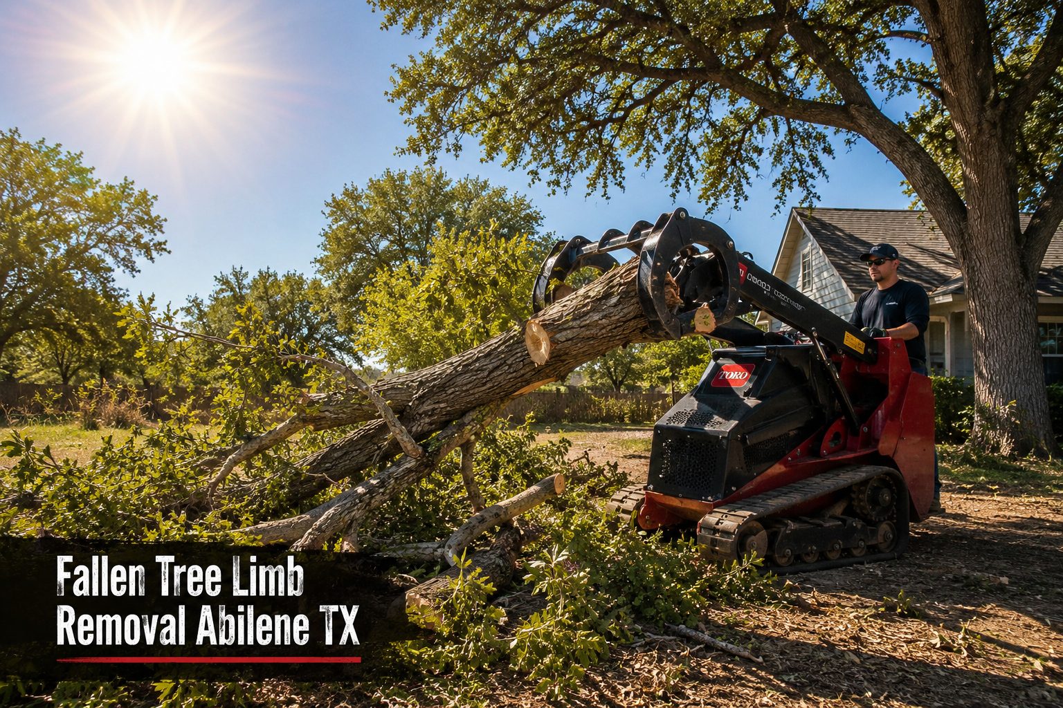 Heavy fallen tree limb loaded with a skid steer for disposal in Abilene TX.