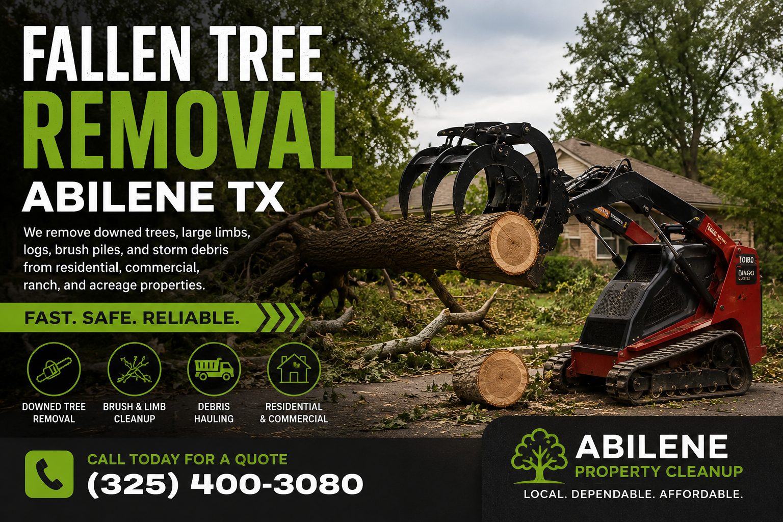Fallen Tree Removal Abilene TX using skid steer bucket grapple and chainsaw in backyard