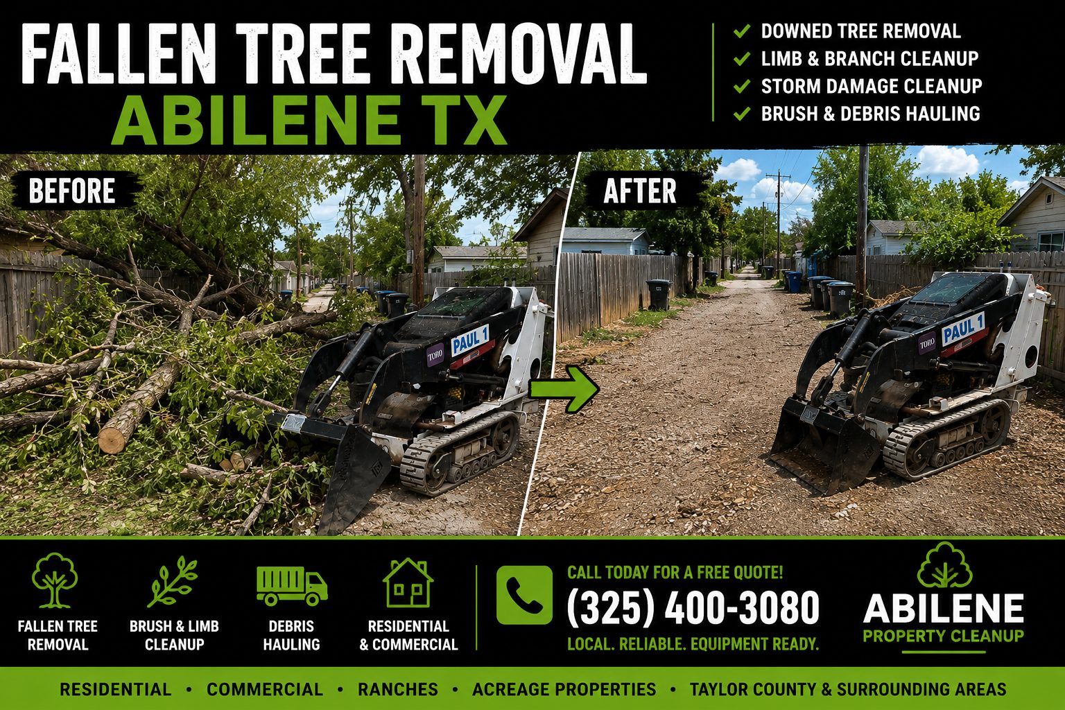 Backyard fallen tree removal service in Abilene TX using bucket grapple