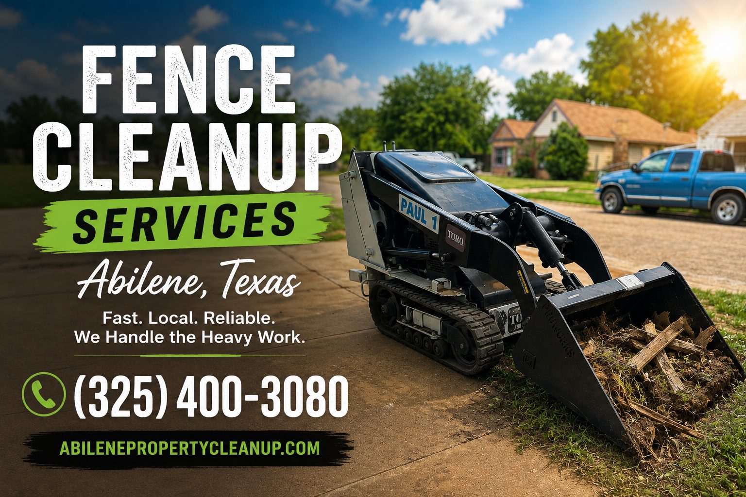 Fence Cleanup Services in Abilene TX using a Toro Dingo mini skid steer to remove broken fence debris from a residential property.