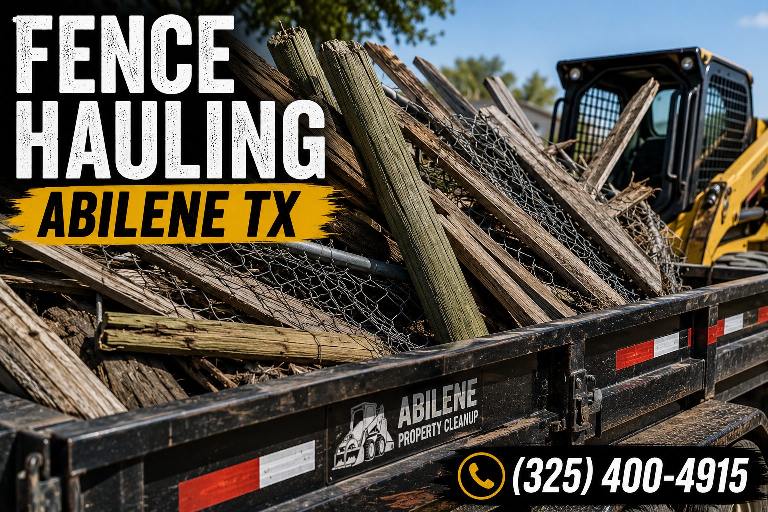 Close-up of old wood fence materials and chain-link fencing loaded for hauling in Abilene TX.