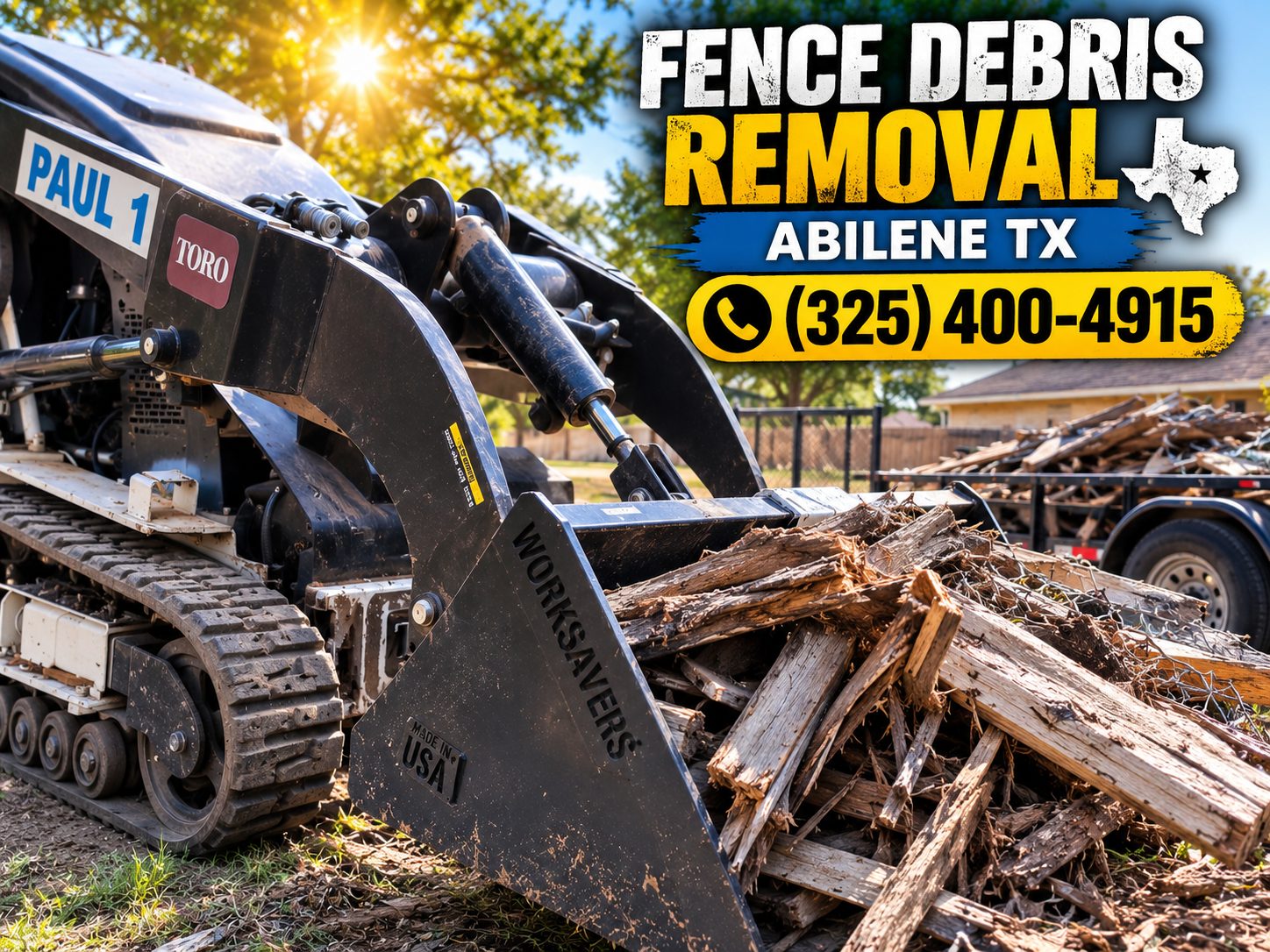 Close-up of Toro Dingo loading broken fence debris in Abilene Texas