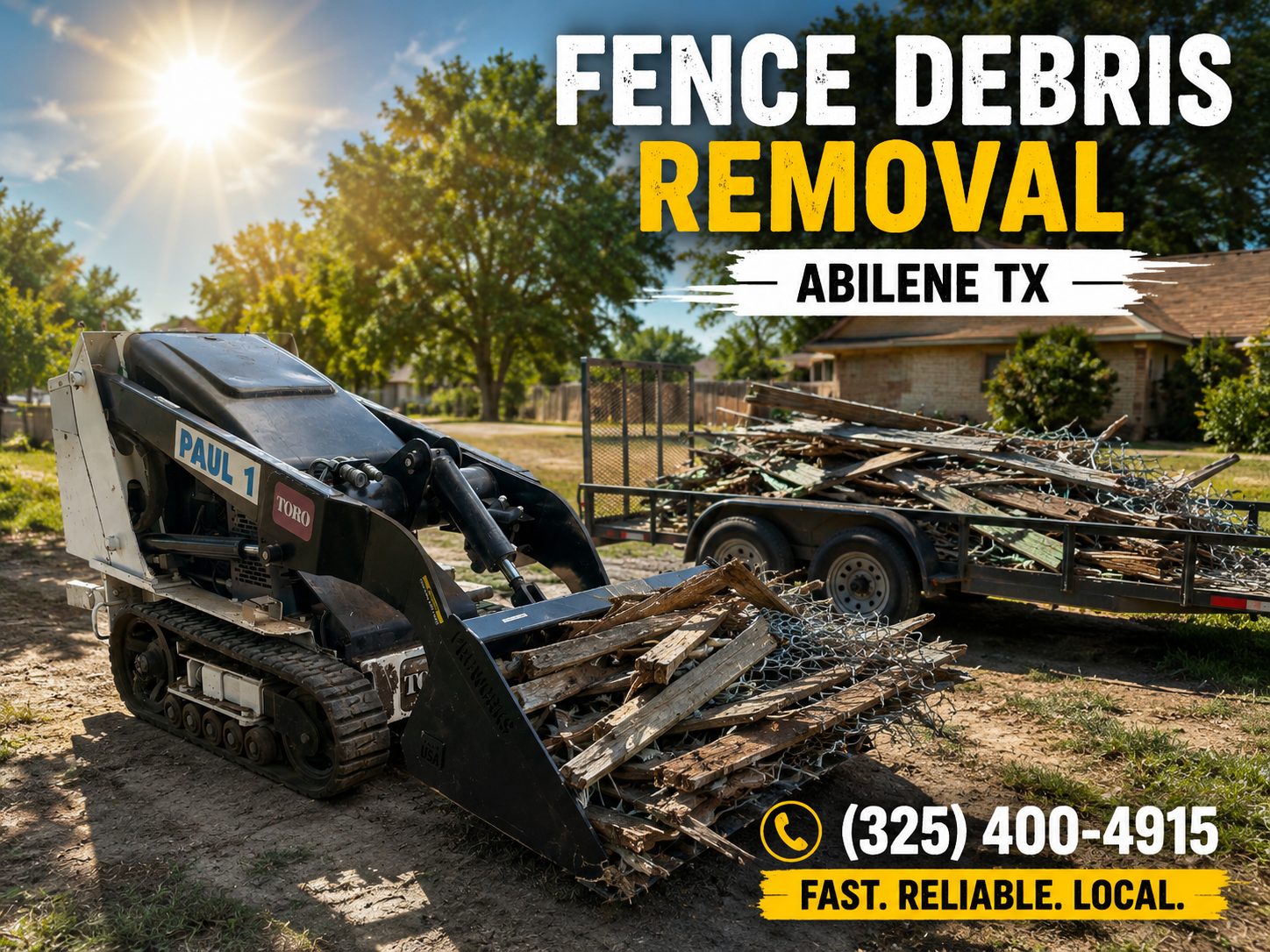 Toro Dingo mini skid steer loading fence debris for removal in Abilene Texas