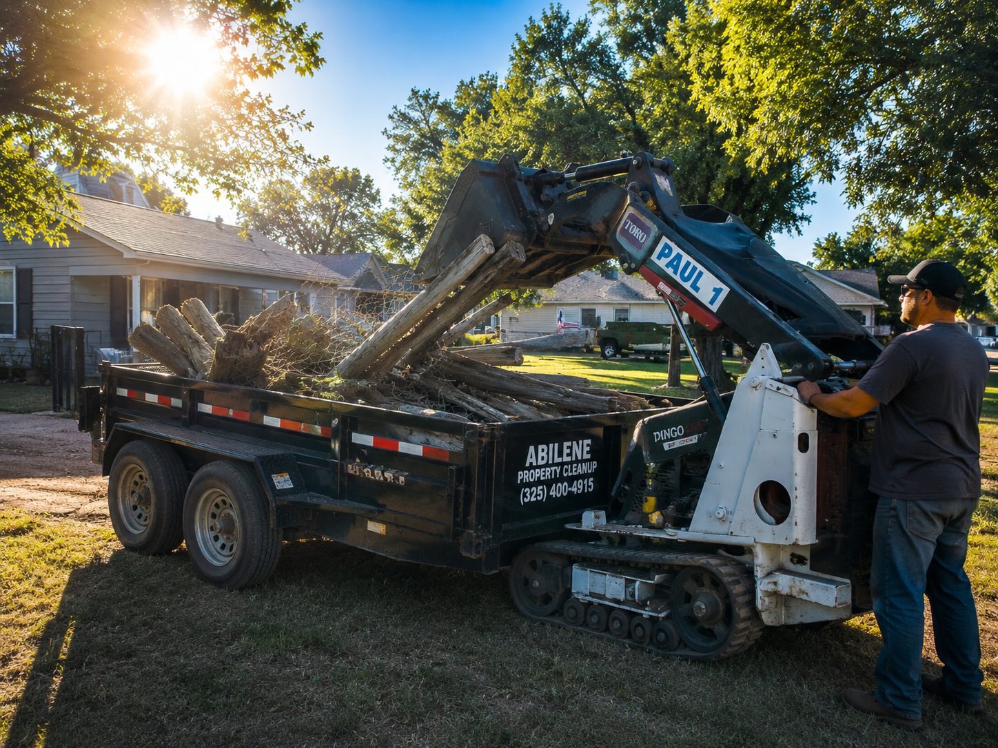 Trailer loaded with old wood fence panels, fence posts, and chain-link fencing during a fence hauling project in Abilene TX.