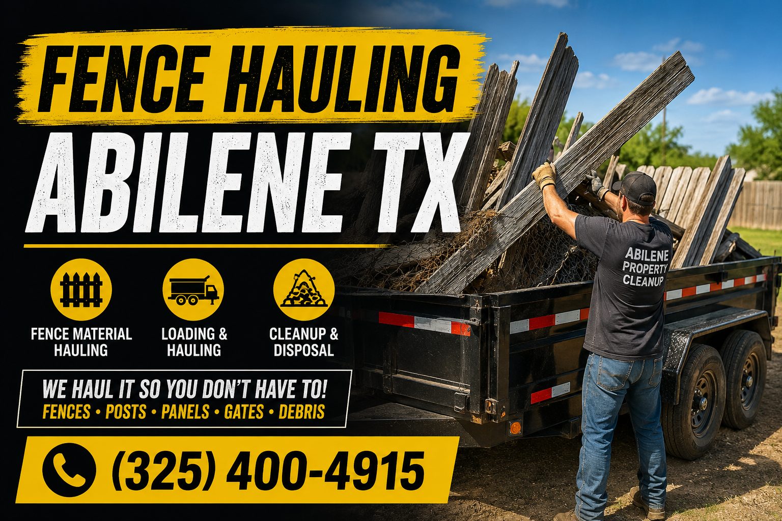 Fence hauling services in Abilene TX loading old wood fence panels, fence posts, gates, and debris for removal and disposal.