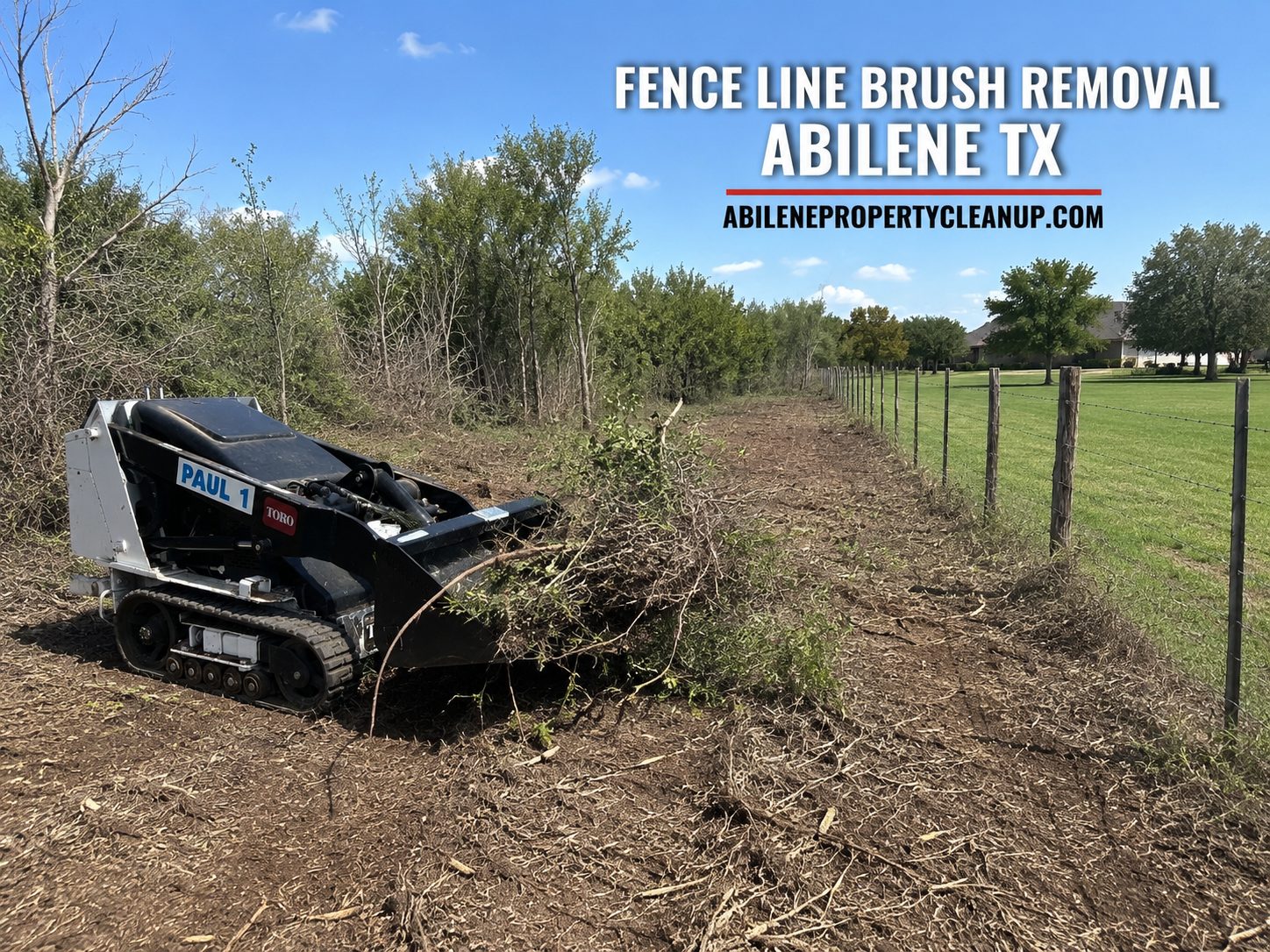 Toro Dingo mini skid steer clearing brush along a fence line in Abilene TX