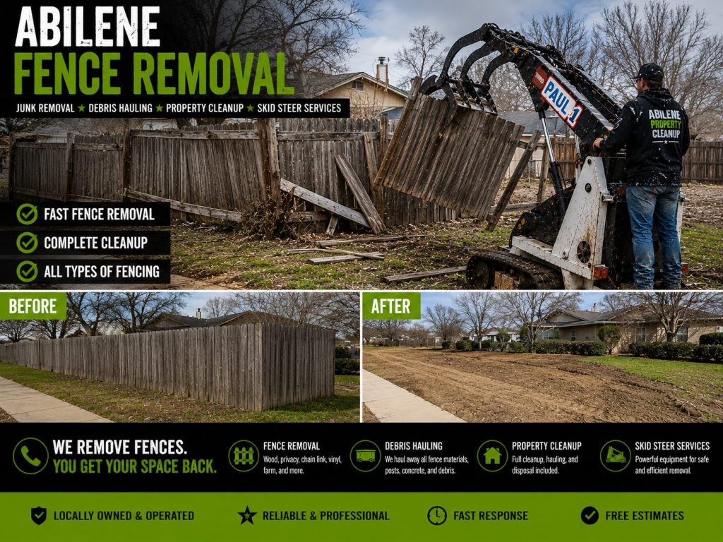 Fence removal service using a mini skid steer to clear old fencing in Abilene TX