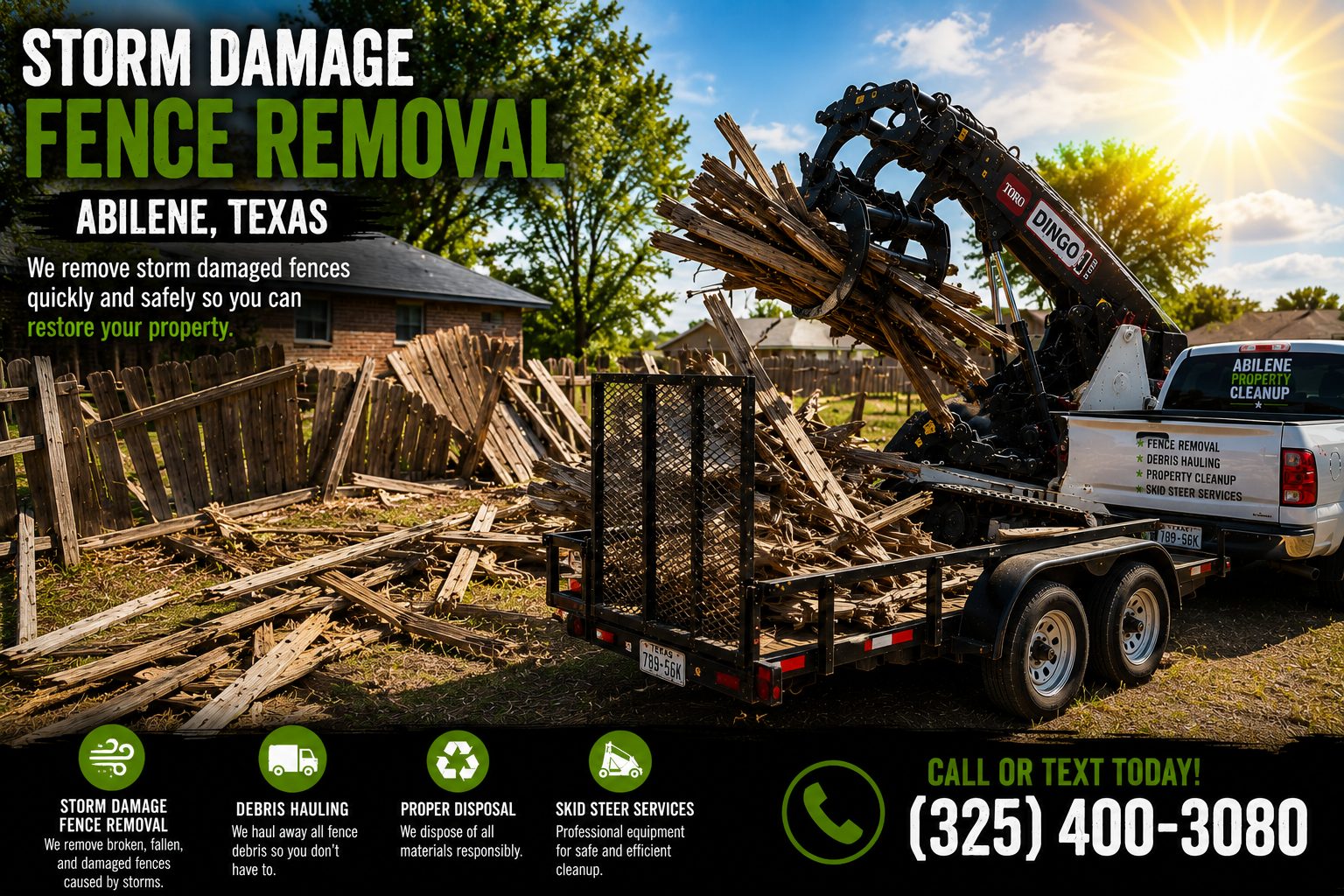 Toro Dingo grapple bucket removing storm damaged fence materials in Abilene Texas