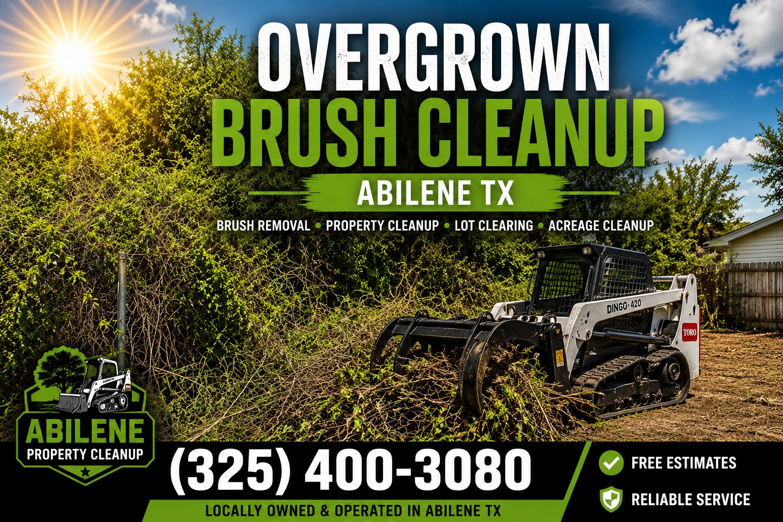 Heavy overgrown vegetation and brush requiring cleanup in Abilene TX