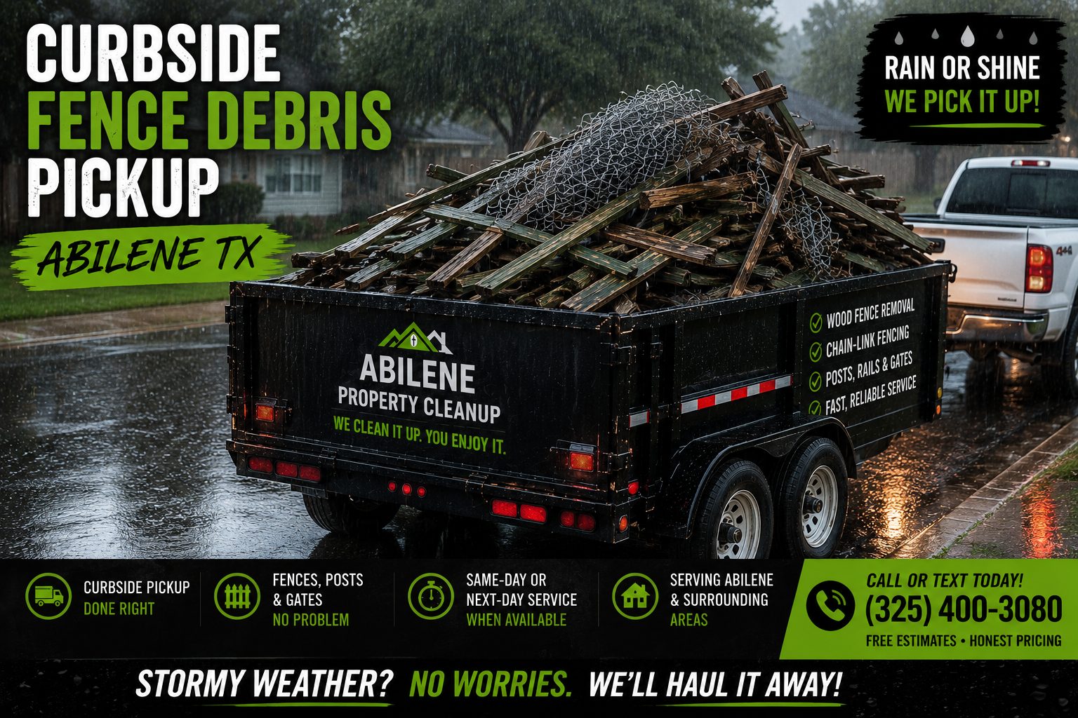 Curbside fence debris pickup in the rain in Abilene TX with a loaded trailer of wood fence panels, posts, rails, gates, and chain-link fencing
