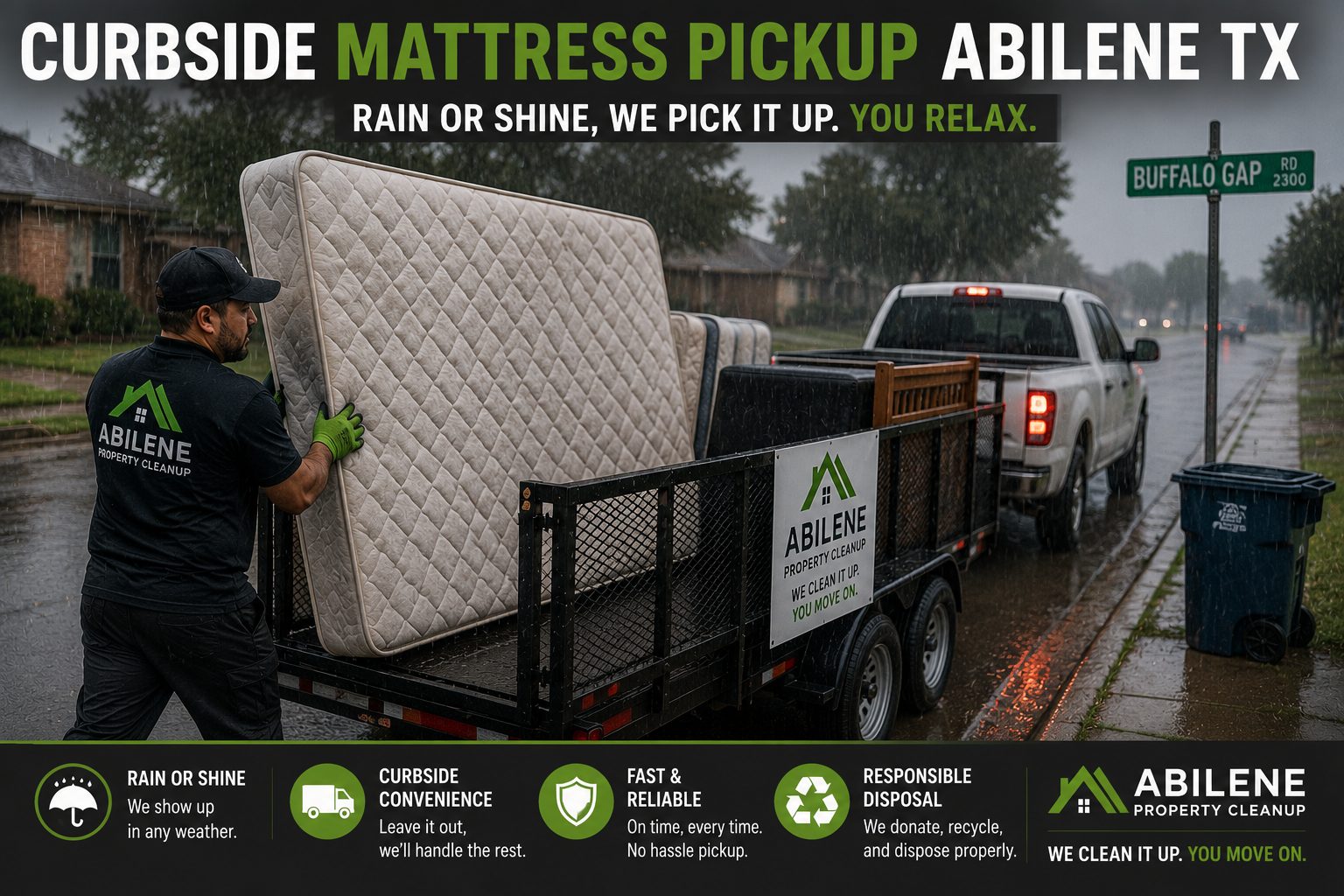 Worker loading a mattress into a utility trailer during rainy curbside mattress pickup in Abilene TX