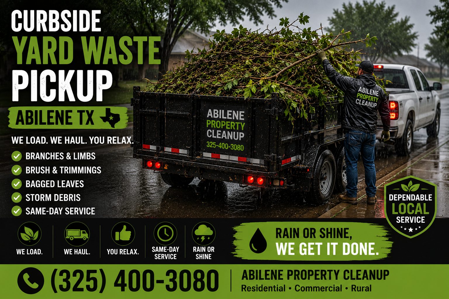 Curbside yard waste pickup in the rain with branches and brush loaded into a trailer in Abilene TX