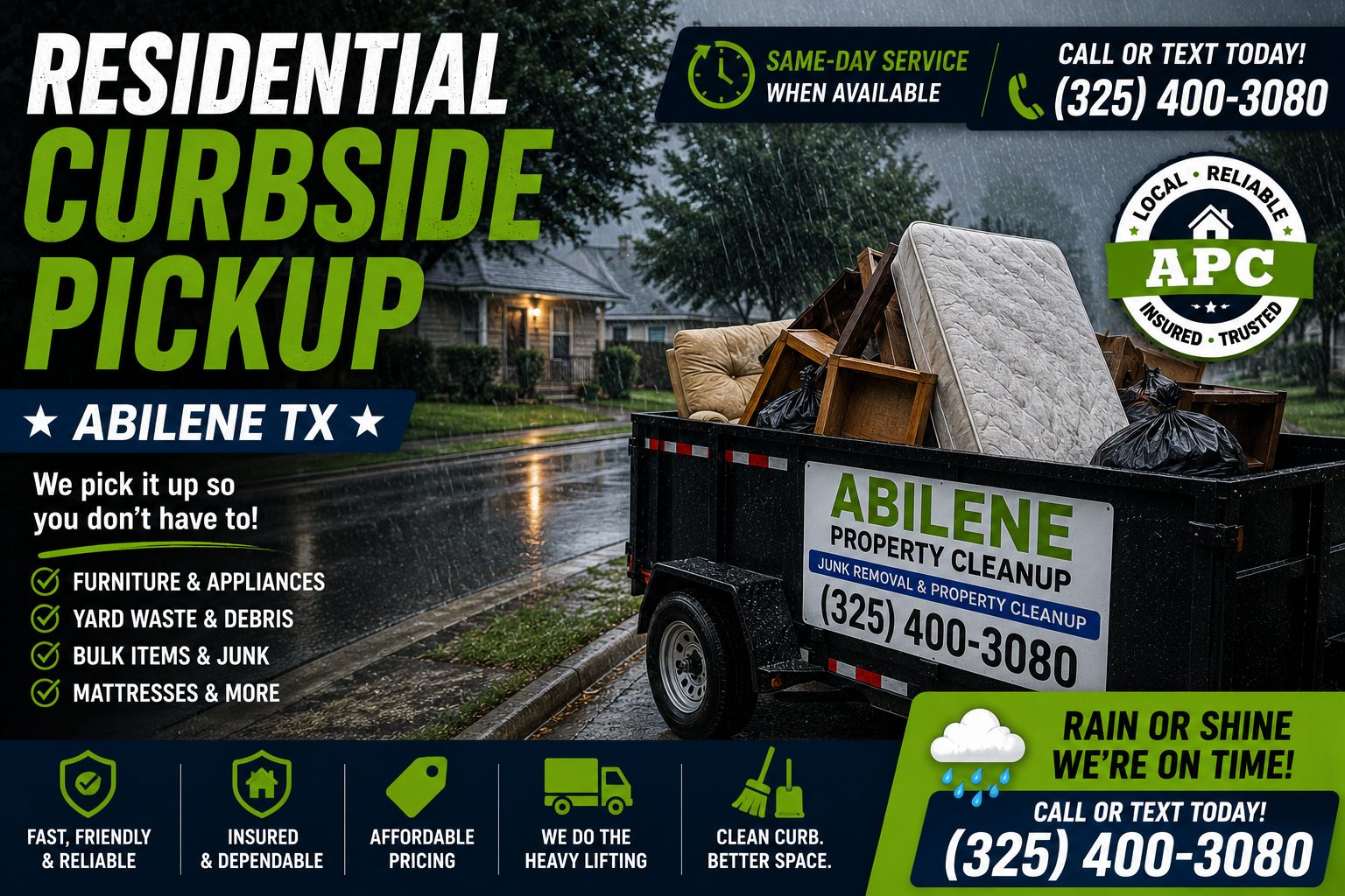 Residential curbside pickup in the rain in Abilene TX by Abilene Property Cleanup with a trailer loaded with furniture, mattresses, and household junk.