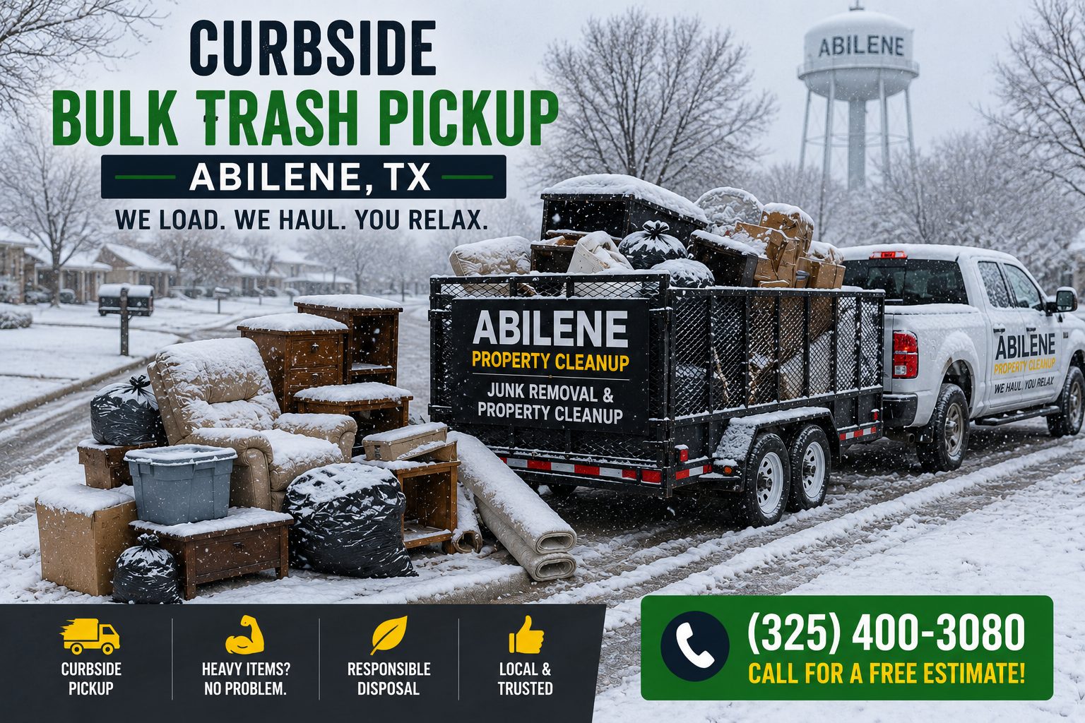 Curbside bulk trash pickup in snow in Abilene TX with furniture, bagged junk, boxes, and a loaded utility trailer