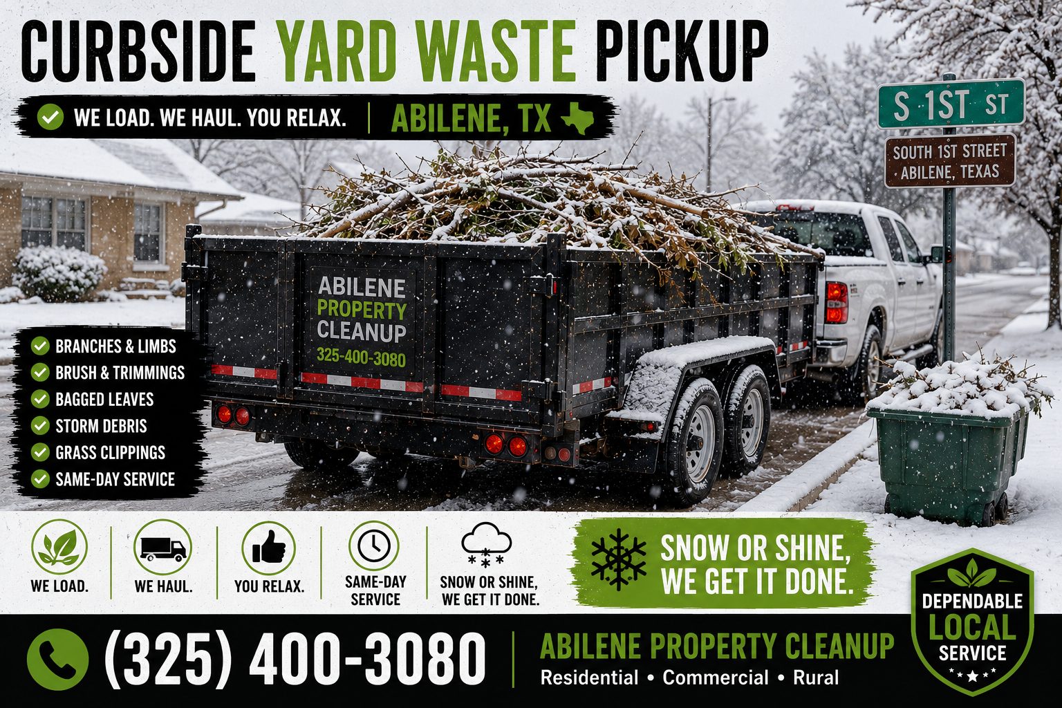 Curbside yard waste pickup in snow with a loaded trailer of branches and brush in Abilene TX