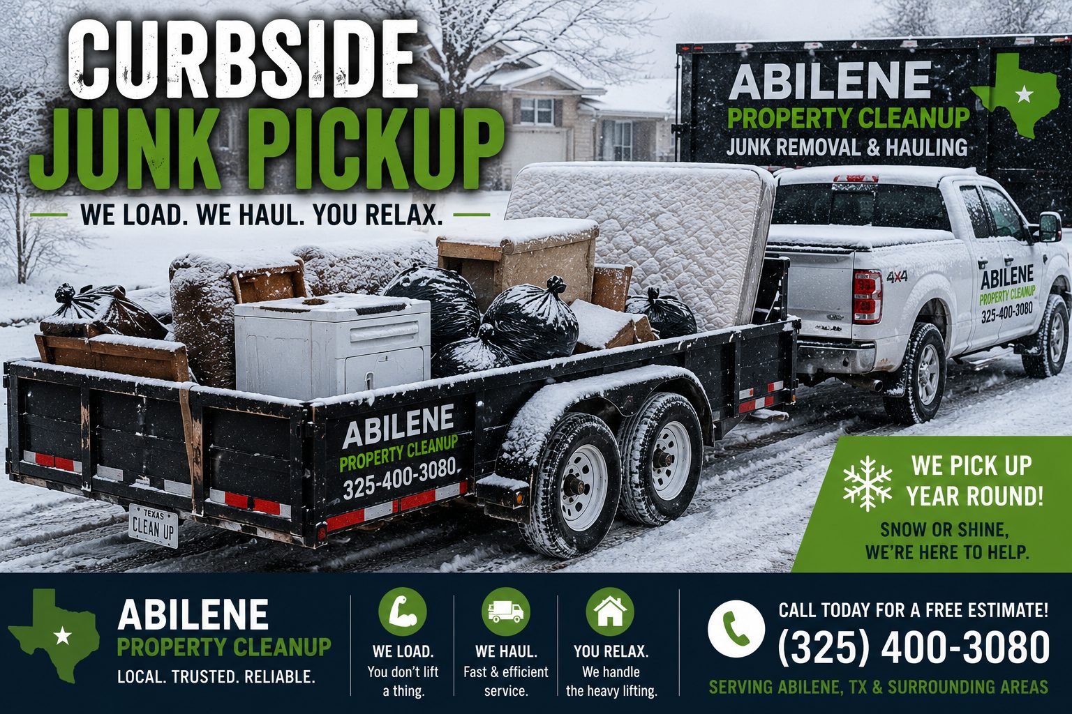 Curbside junk pickup trailer in the snow in Abilene TX carrying furniture, an appliance, mattress, boxes, and bagged household junk