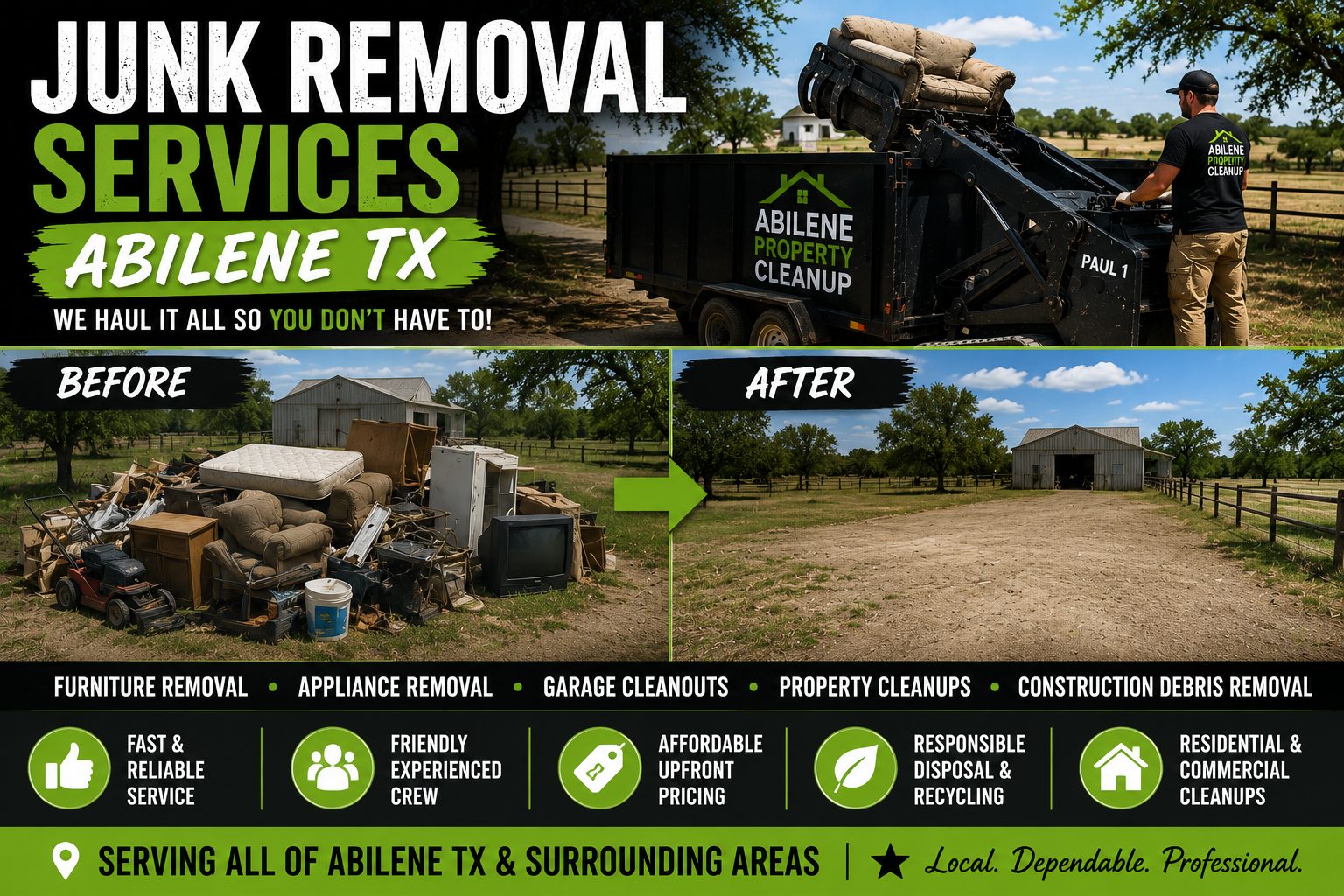 Before and after junk removal services in Abilene TX showing furniture, appliances, trash, and debris removed from a rural property by Abilene Property Cleanup.