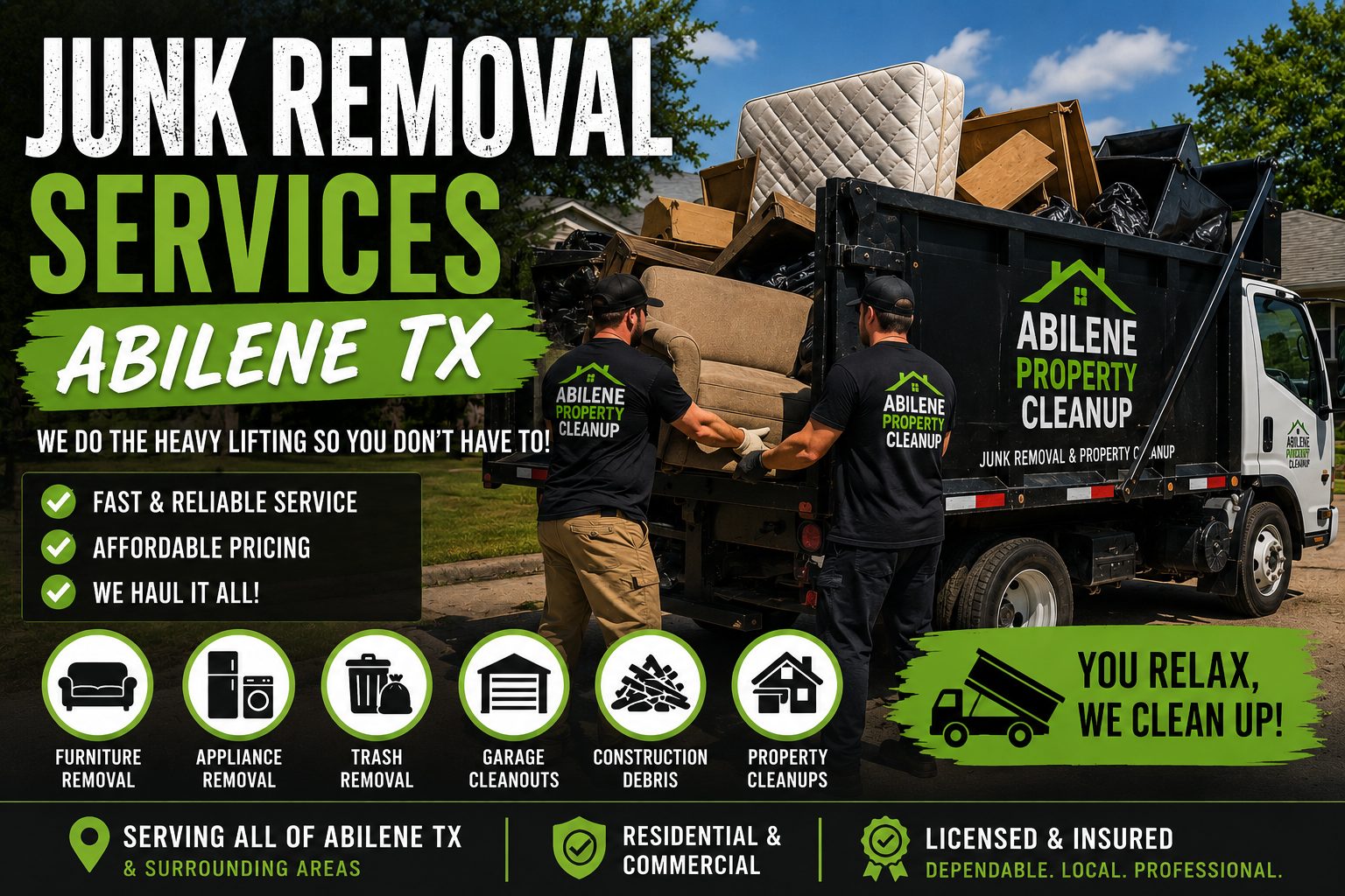 Junk removal trailer being loaded with furniture, appliances, and debris during a cleanup project in Abilene TX.