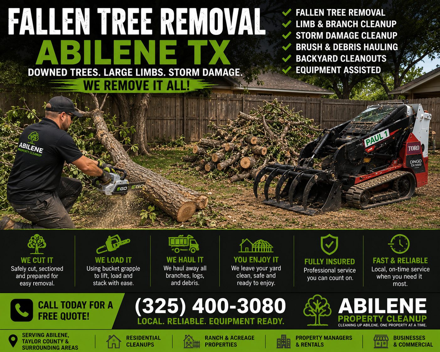 Large tree branches and heavy debris being removed from a property in Abilene TX.