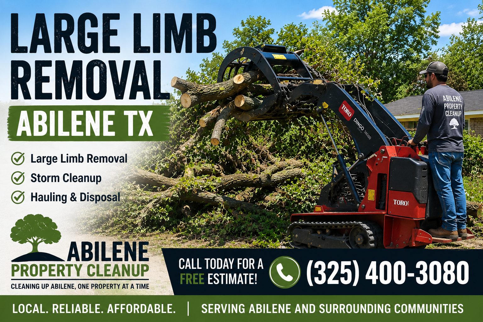 Large fallen tree limb being loaded and removed with a skid steer in Abilene TX.
