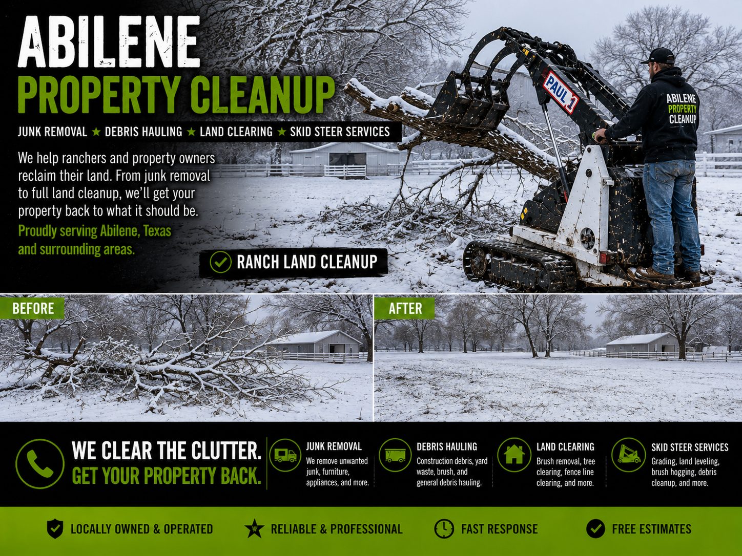 Toro Dingo skid steer loading a large fallen tree limb during winter cleanup in Abilene TX.