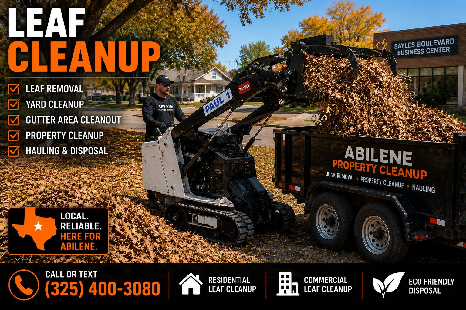 Toro Dingo mini skid steer with bucket grapple loading large piles of fallen leaves during leaf cleanup in Abilene TX.