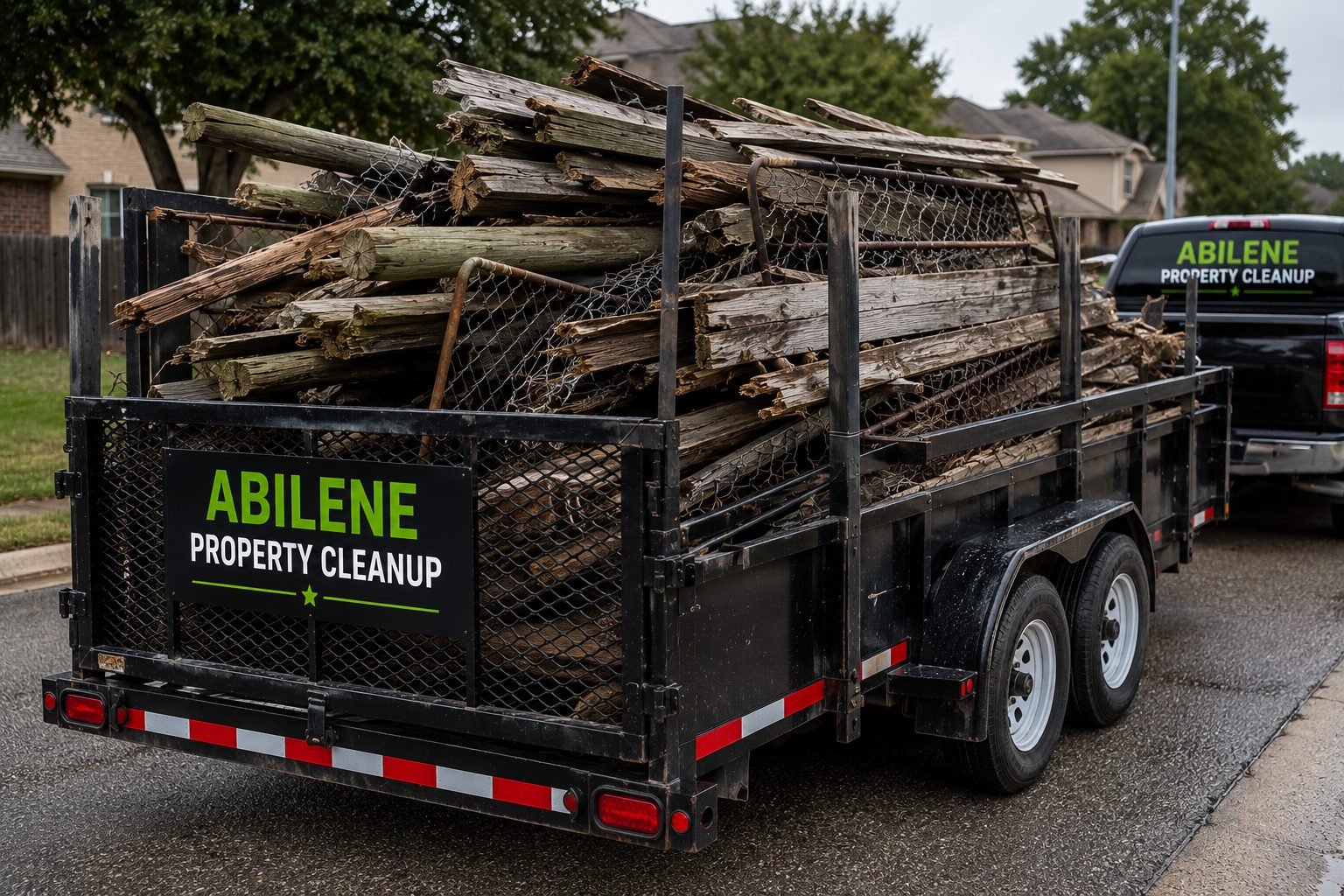 Close-up of trailer loaded with old fence debris including wood fence panels, chain-link wire, fence posts, and gates in Abilene TX.
